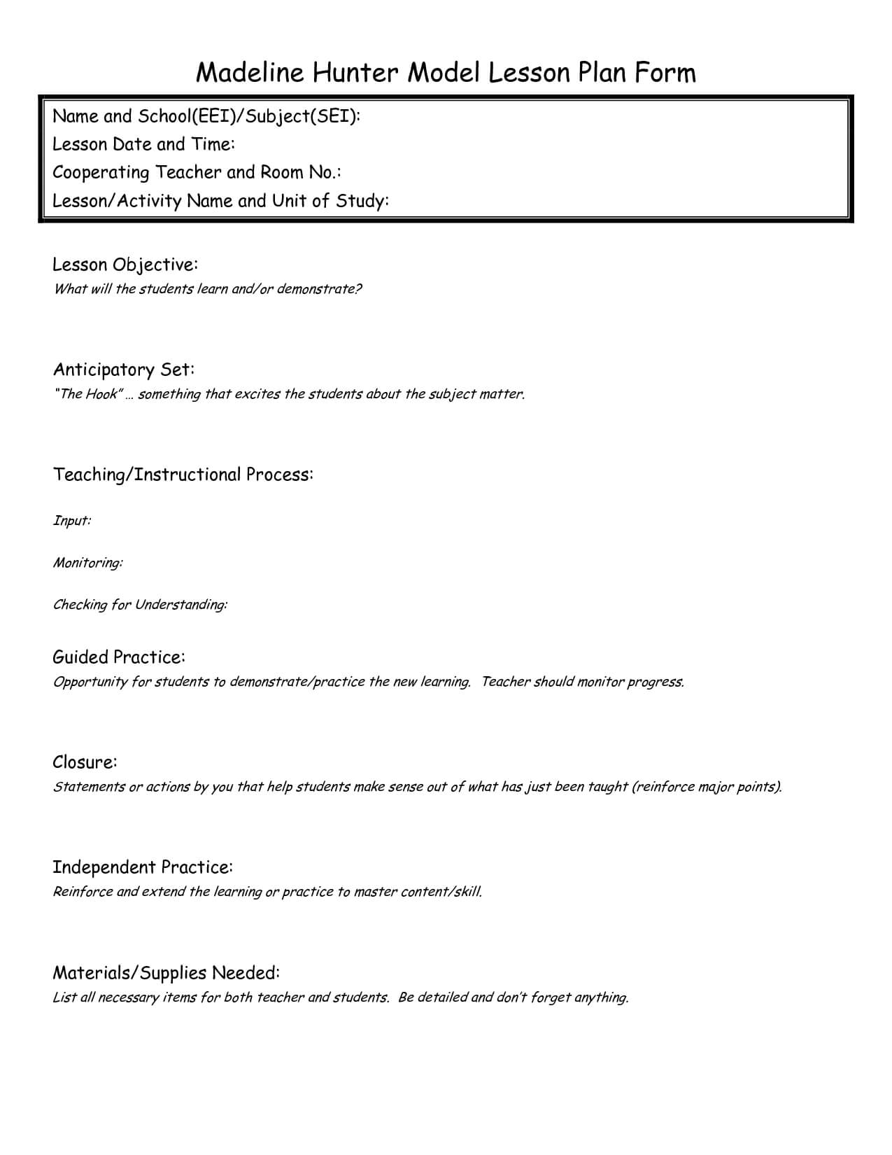 Madeline Hunter Lesson Plan Format Template - Google Search For Madeline Hunter Lesson Plan Blank Template