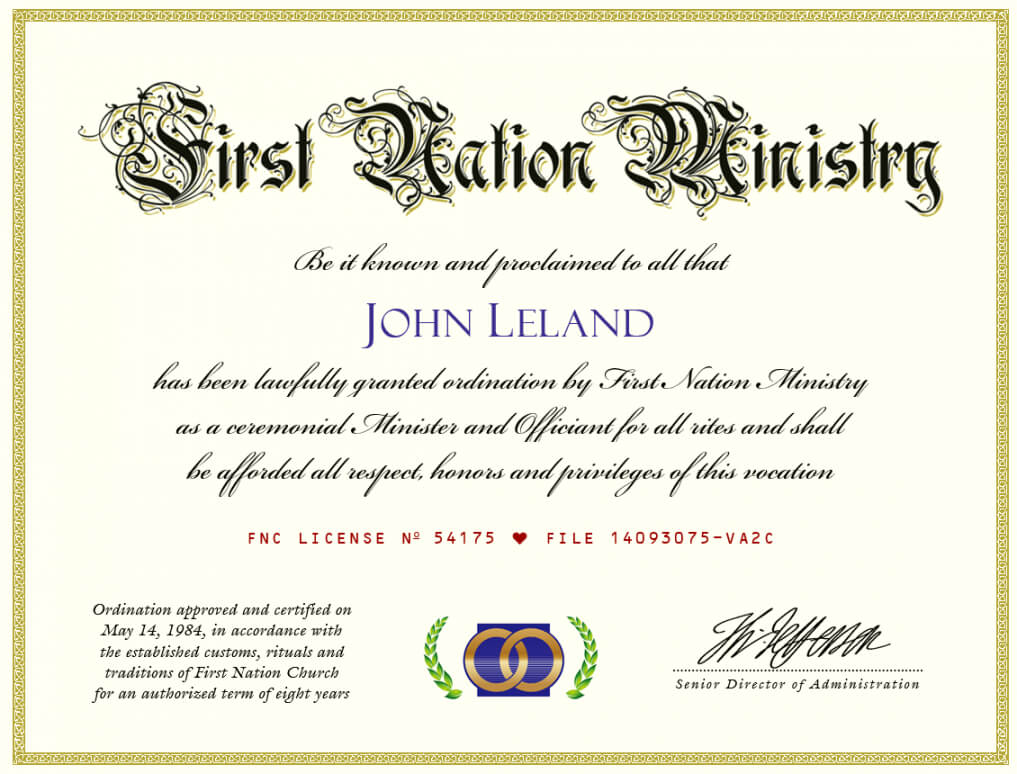 Marriage Officiant And Wedding Ceremony Minister Ordination Intended For Ordination Certificate Template