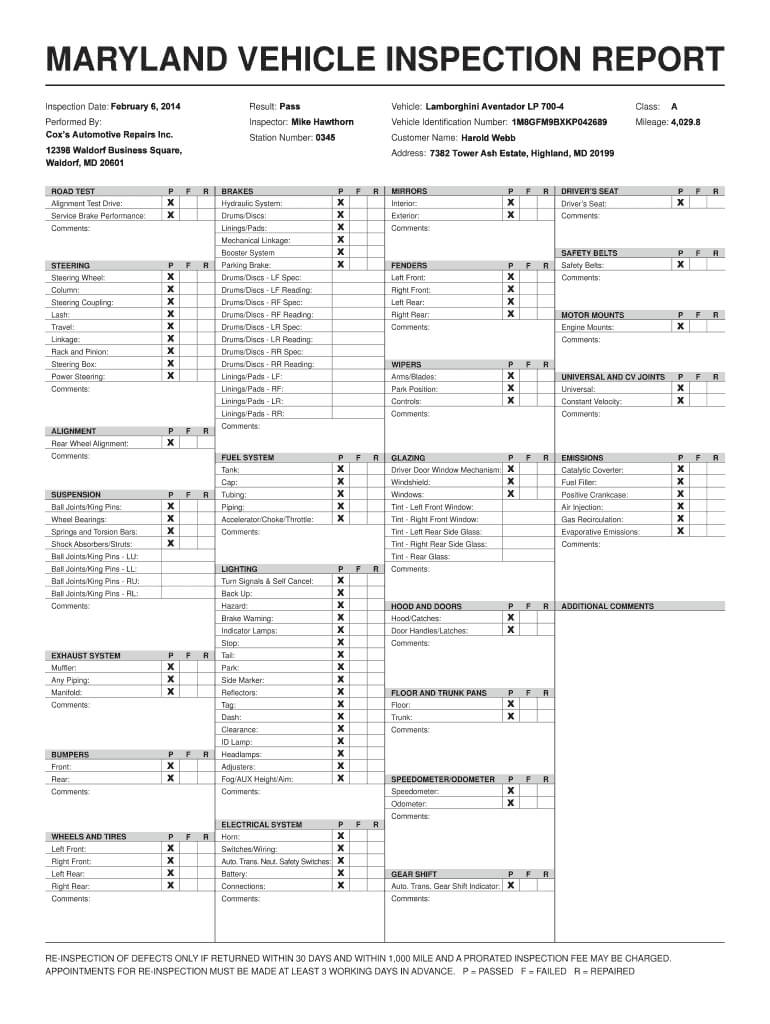 Maryland Vehicle Inspection Report Template Pdf – Fill With Regard To Vehicle Inspection Report Template