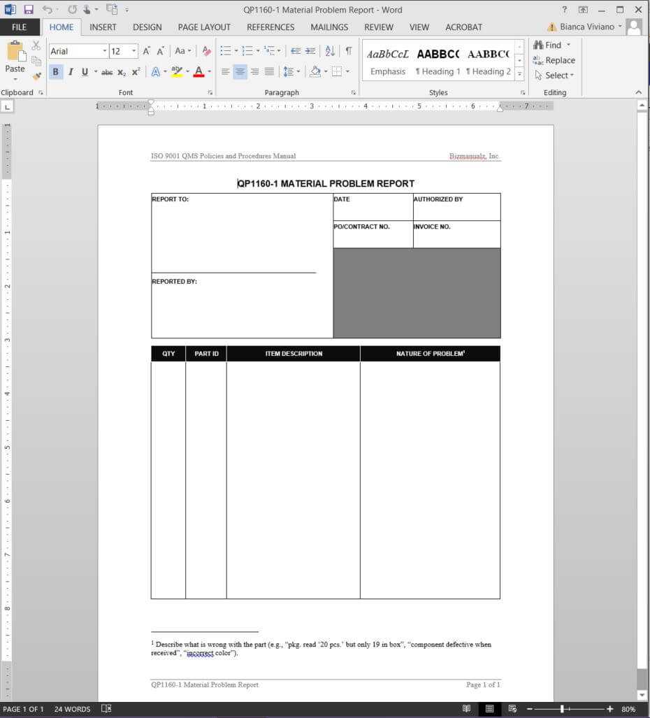 Material Problem Report Iso Template | Qp1160 1 Throughout Software Problem Report Template