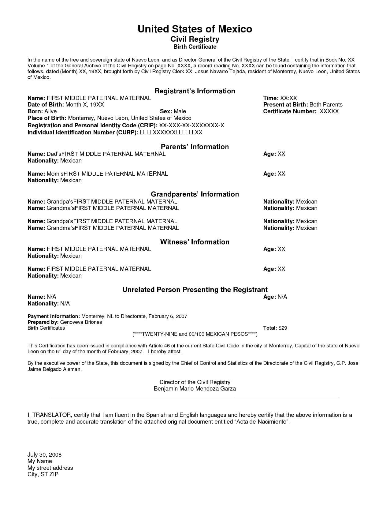 Mexican Marriage Certificate Template – Carlynstudio Regarding Death Certificate Translation Template