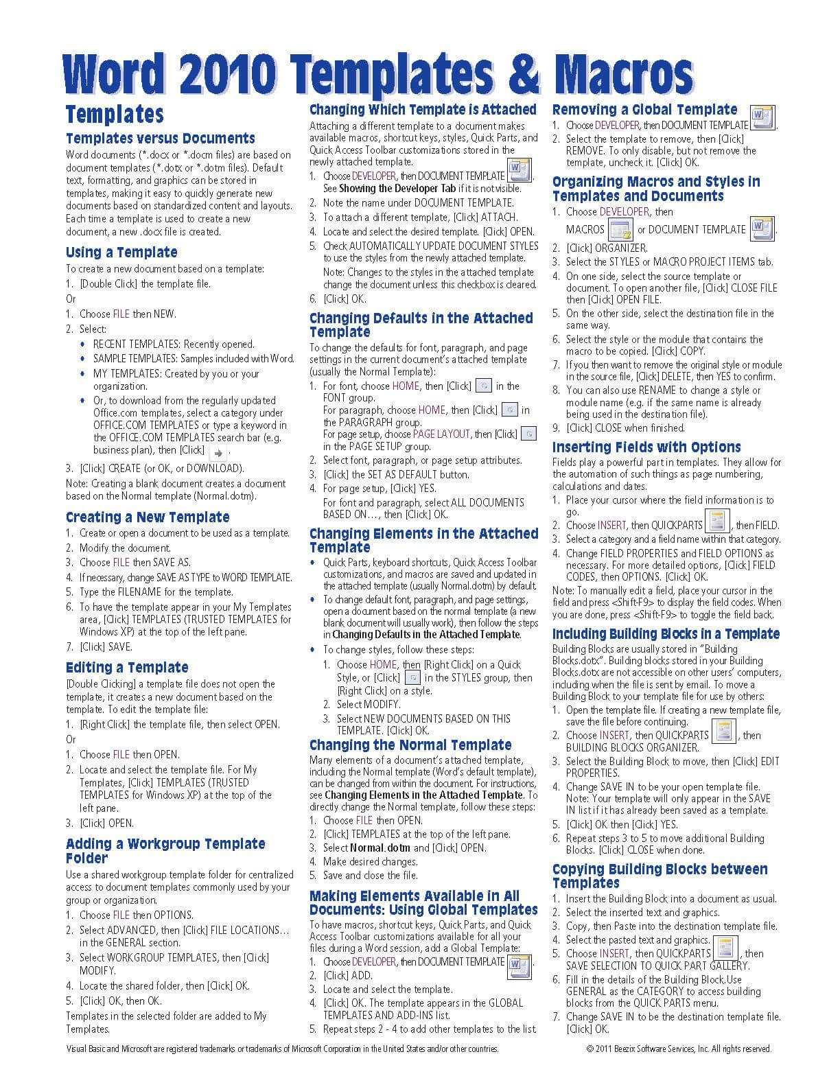 Microsoft Word 2010 Templates & Macros Quick Reference Guide Pertaining To Cheat Sheet Template Word