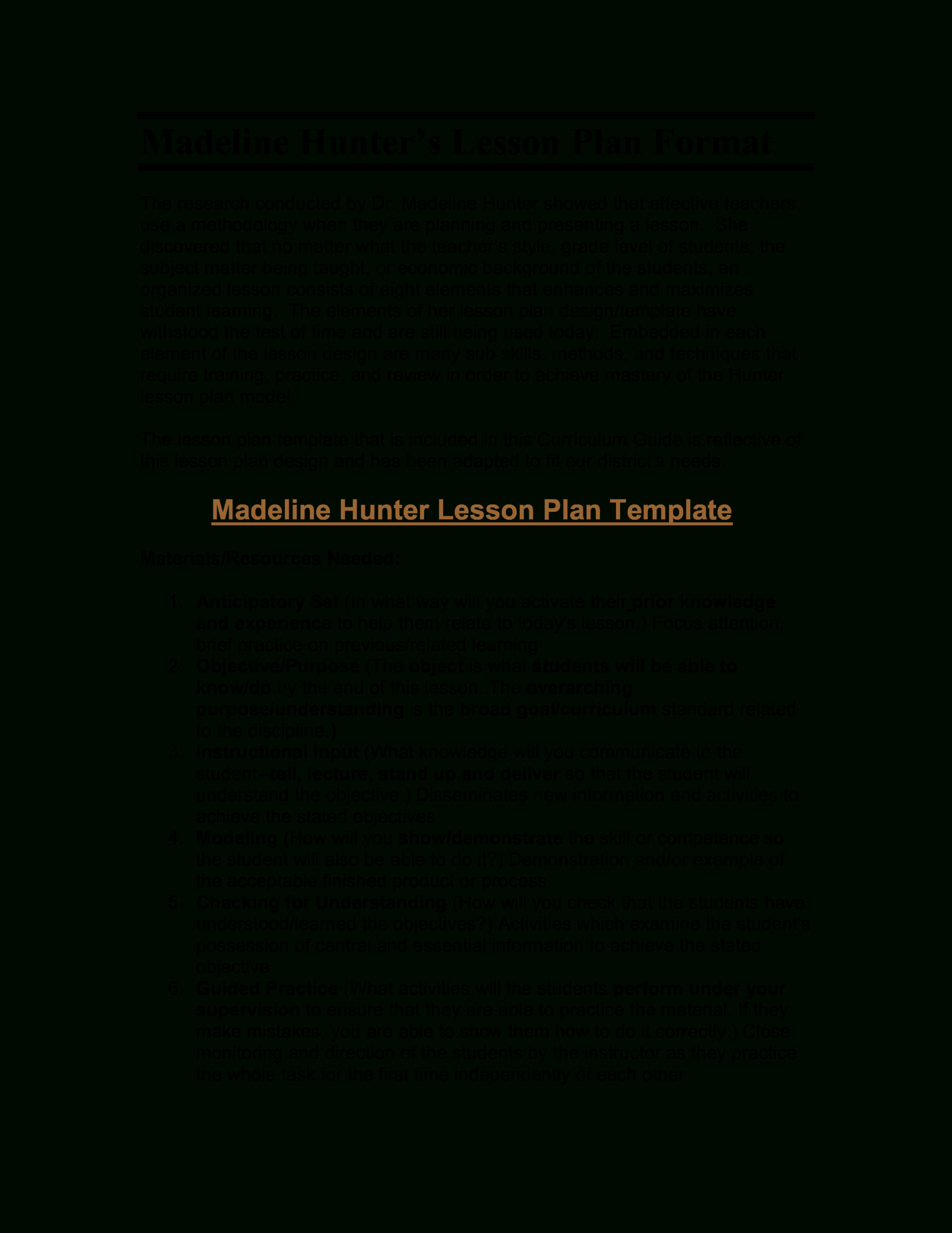 Microsoft Word – Madeline Hunter's Lesson Plan Format Intended For Madeline Hunter Lesson Plan Template Blank