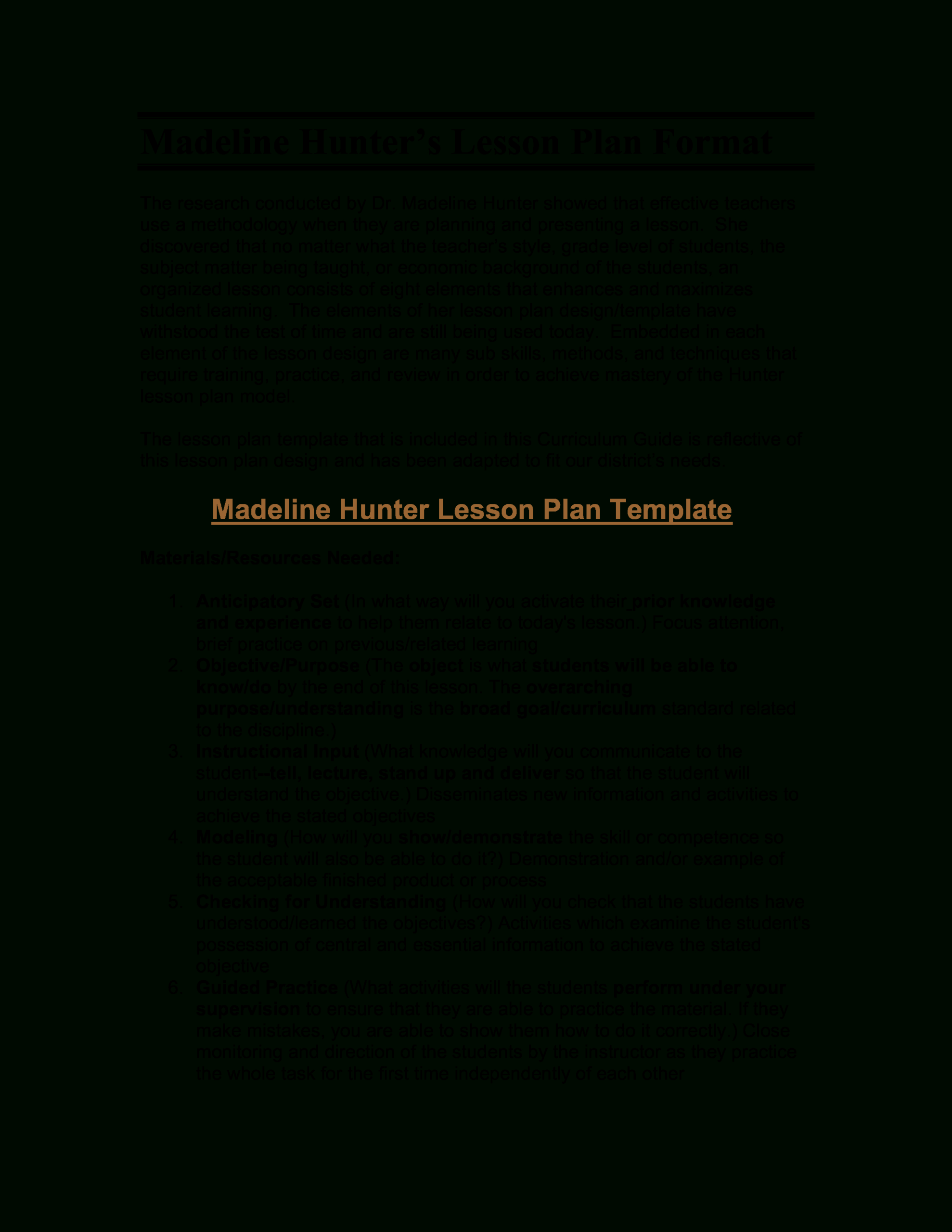 Microsoft Word – Madeline Hunter's Lesson Plan Format With Regard To Madeline Hunter Lesson Plan Template Word