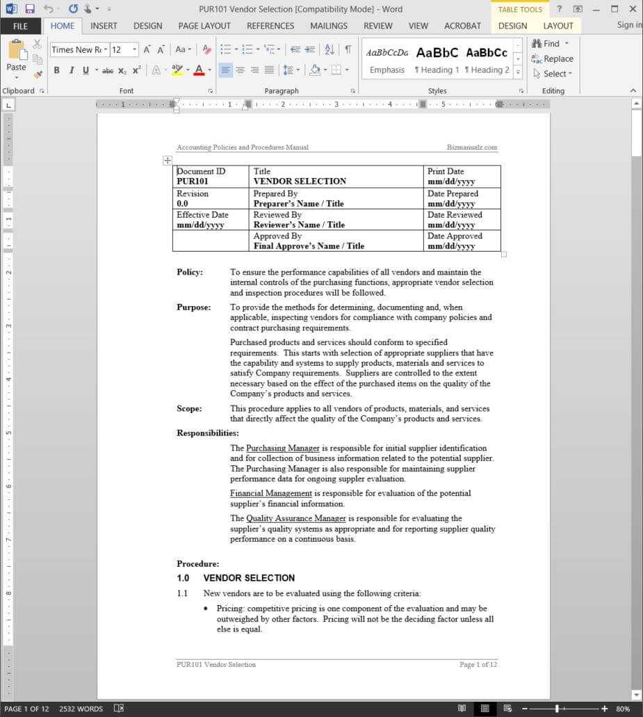 Microsoft Word Policy And Procedure Manual Template – Free Regarding Procedure Manual Template Word Free