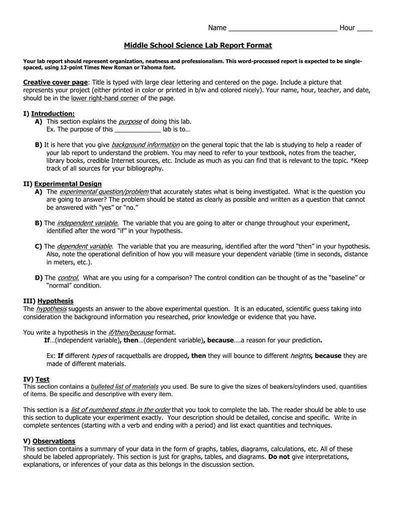 Middle School Science Lab Report Format Intended For Lab Report Template Middle School