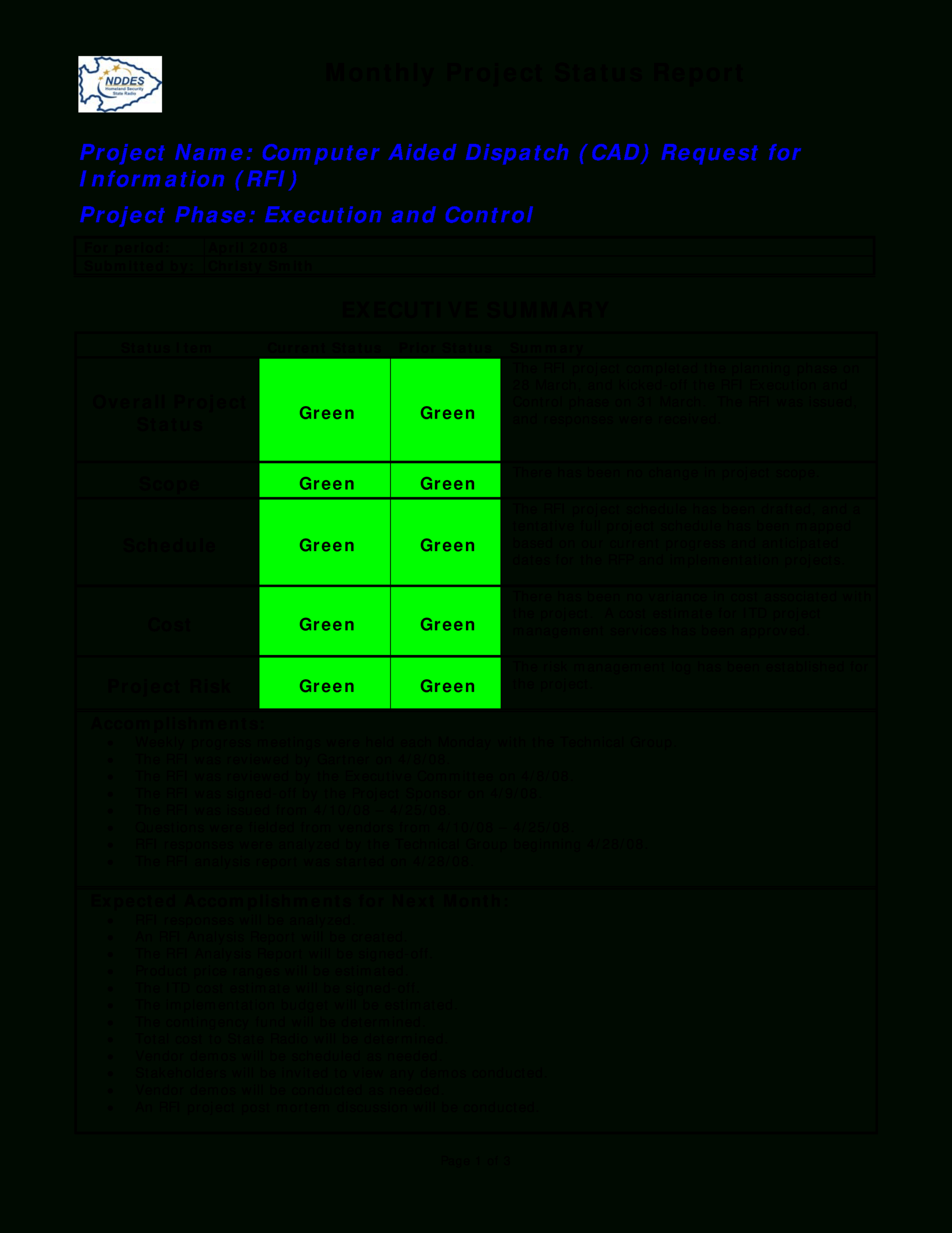 Monthly Project Status Report | Templates At With Regard To Monthly Project Progress Report Template