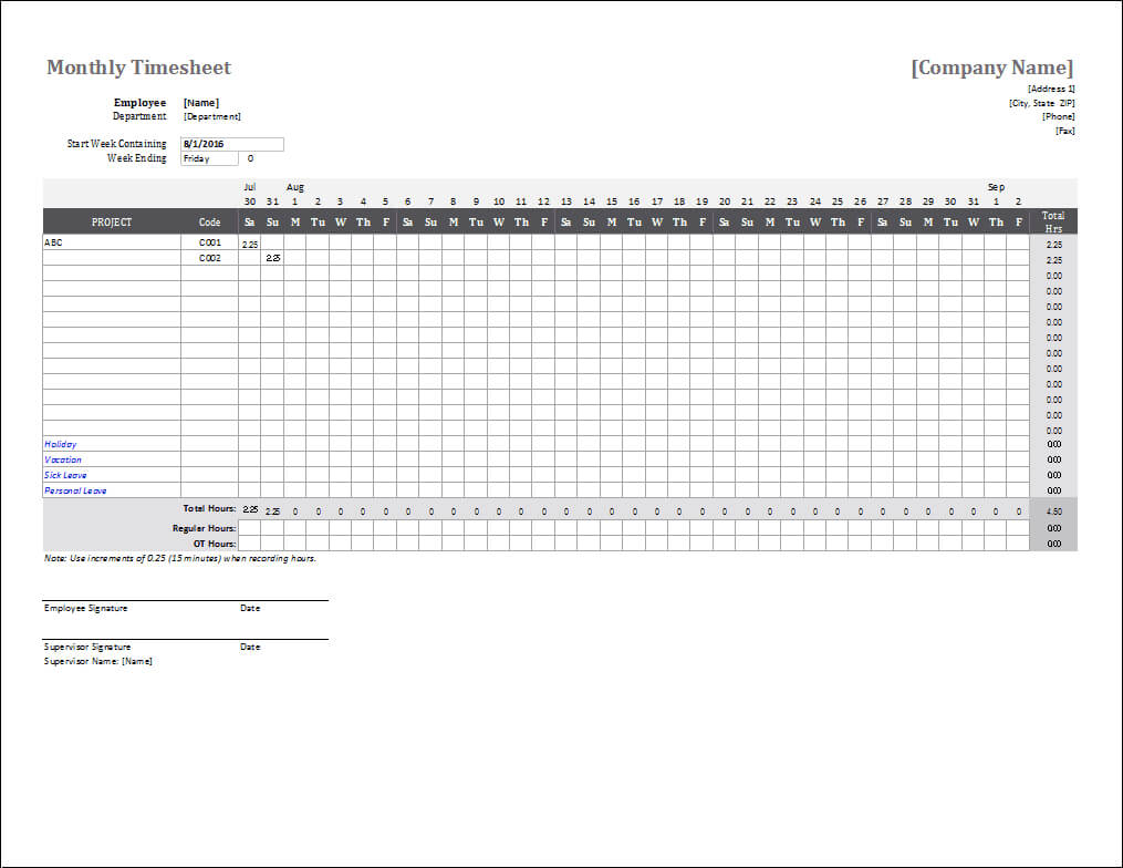 Monthly Timesheet Template For Excel And Google Sheets In Weekly Time Card Template Free