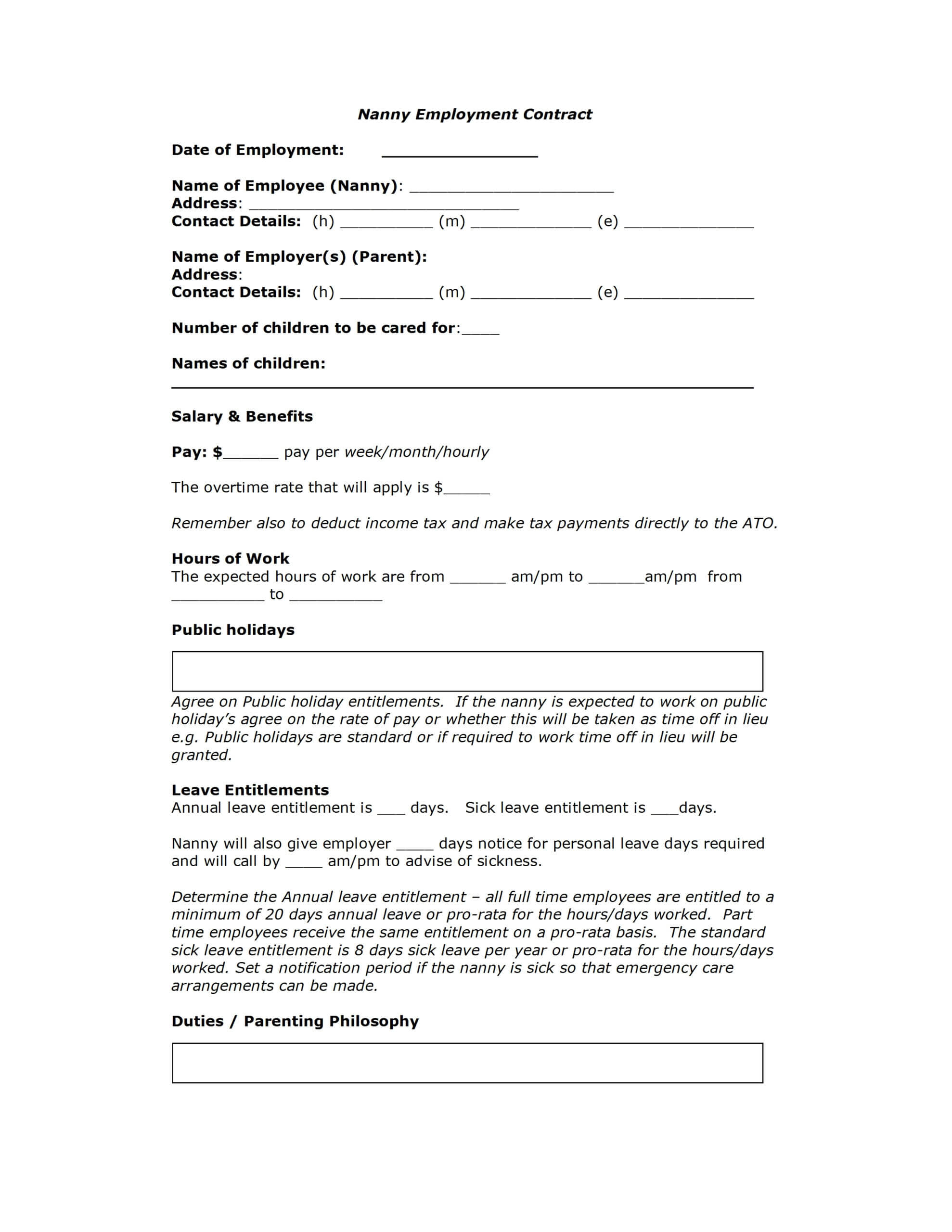 Nanny Contract Template Within Nanny Contract Template Word