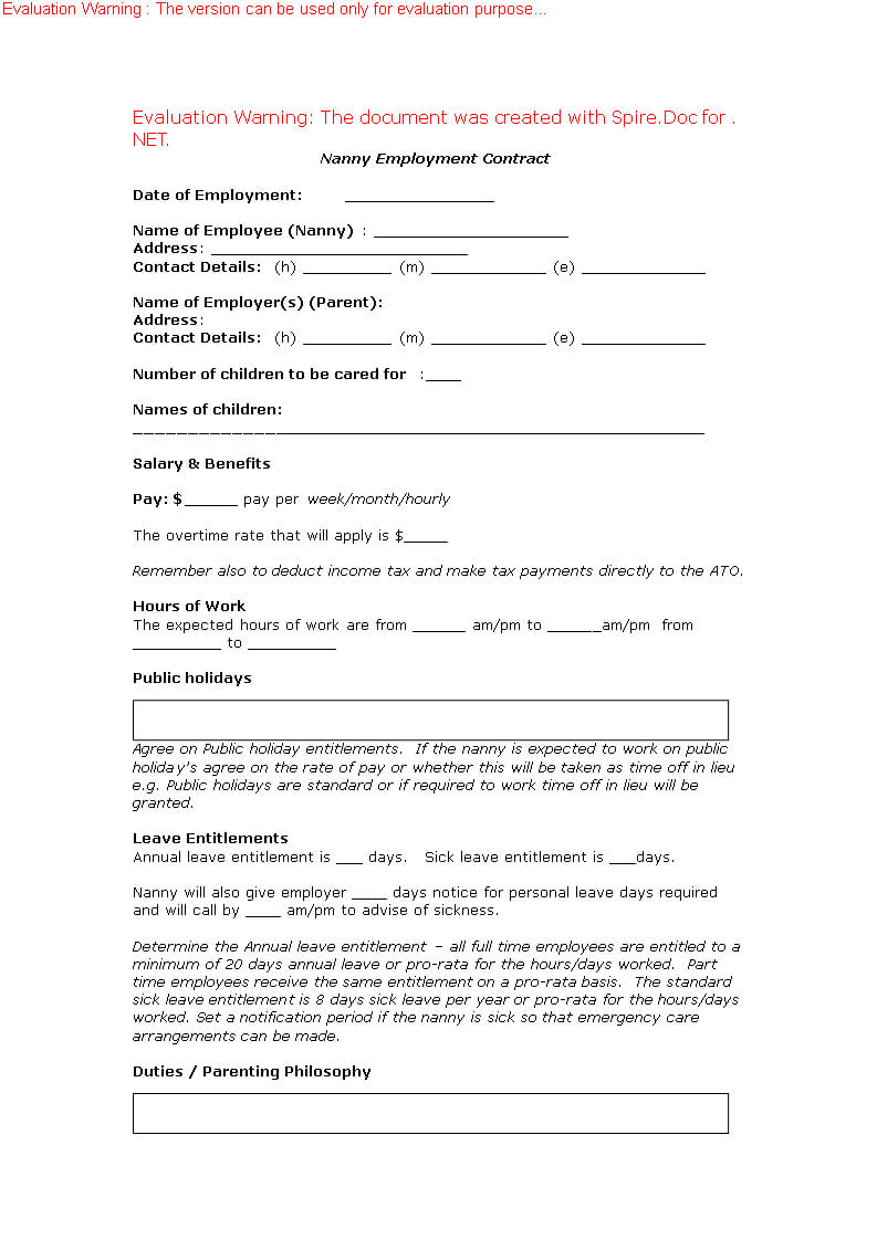 Nanny Employment Contract – | Nanny Contract, Templates Within Nanny Contract Template Word