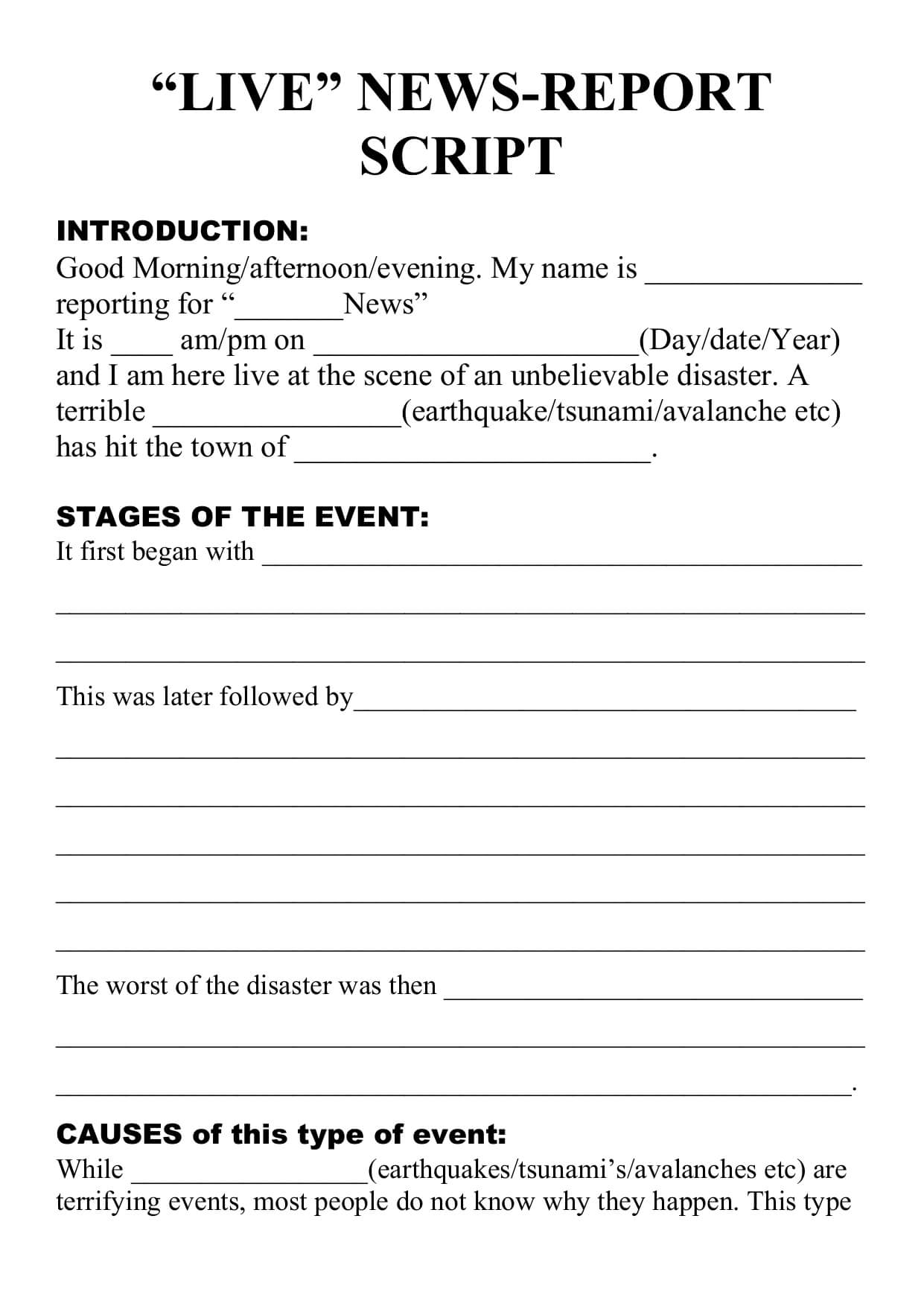 Natural Disaster – Live Newsreport Script Template With Regard To News Report Template