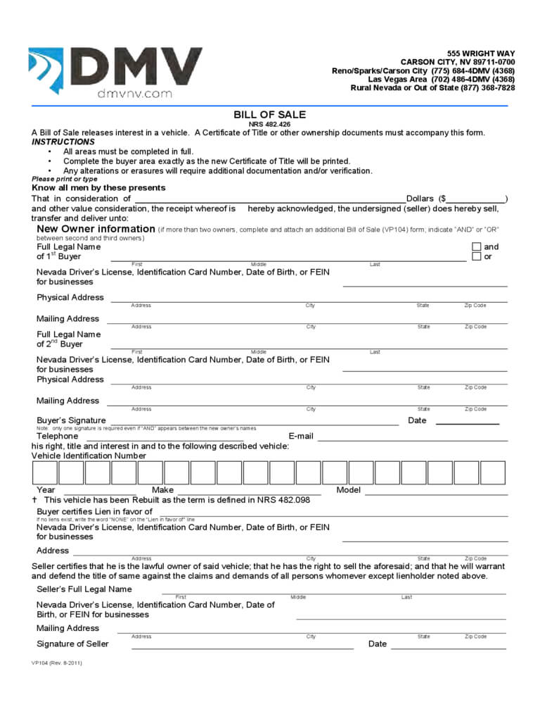 Nevada Bill Of Sale Form – Free Templates In Pdf, Word Regarding Certificate Of Origin For A Vehicle Template