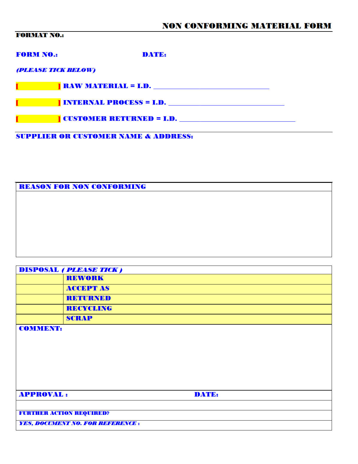 Non Conforming Material Form – With Regard To Non Conformance Report Form Template