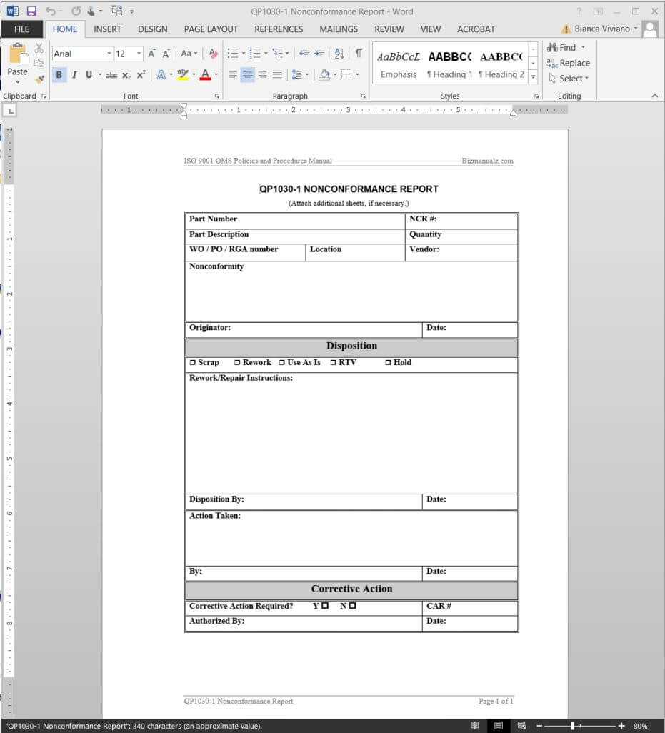 Nonconformance Report Iso Template | Qp1030 1 Pertaining To Non Conformance Report Form Template