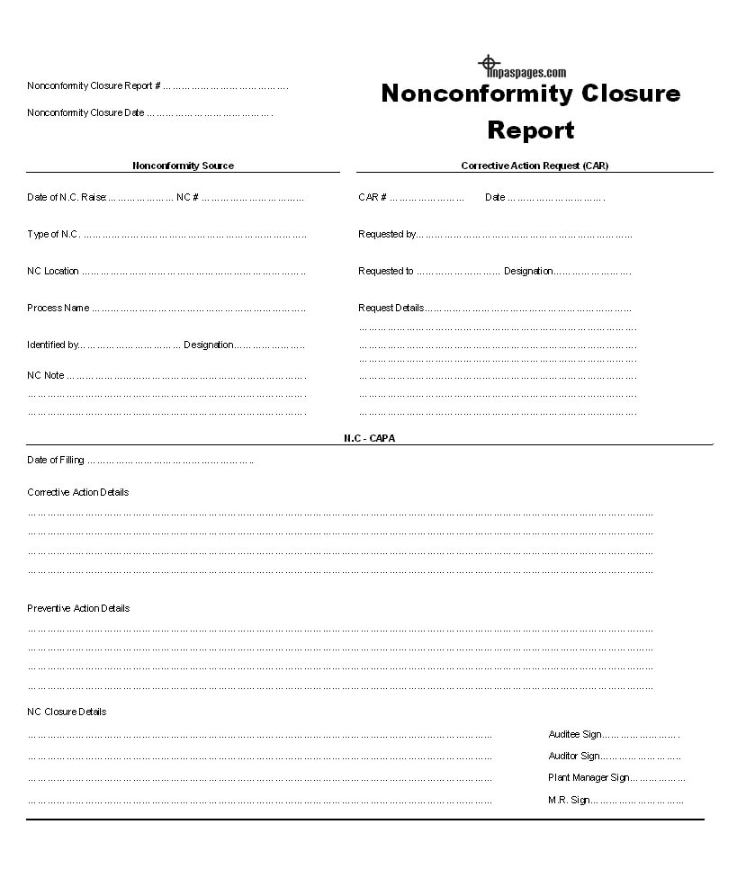 Nonconformity Closure Report Format For Closure Report Template