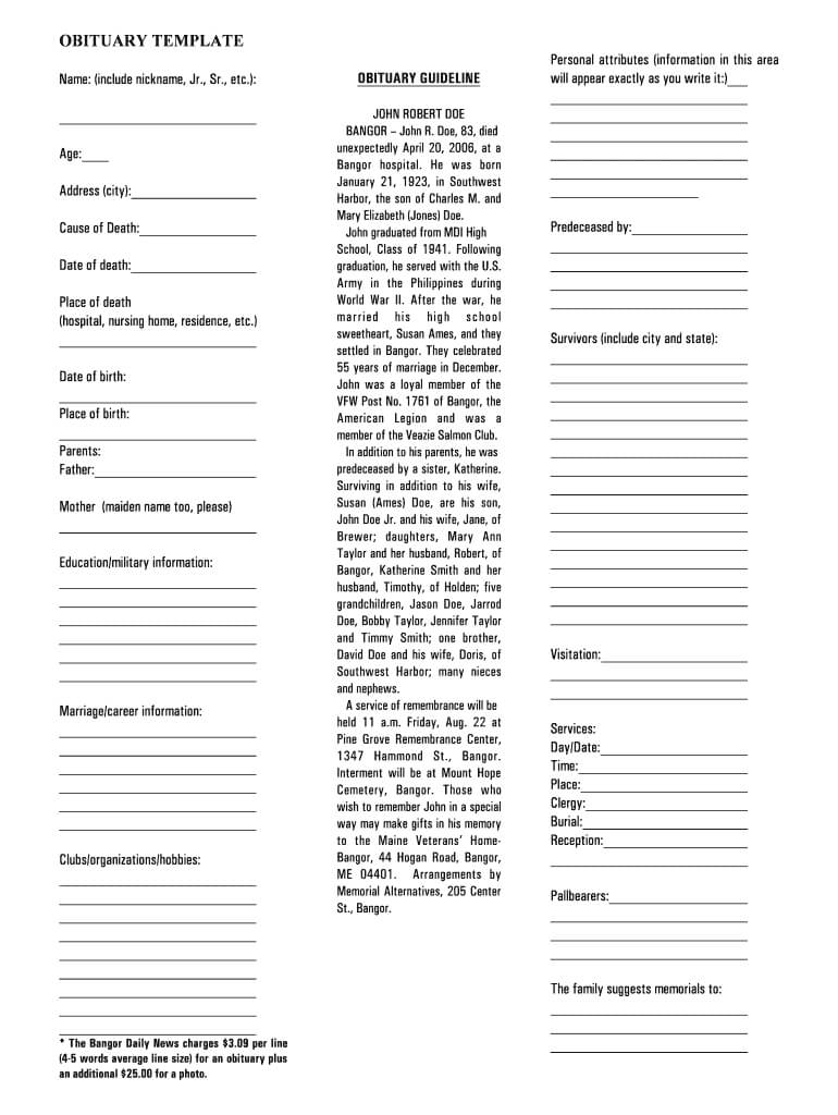 Obituary Template - Fill Online, Printable, Fillable, Blank For Fill In The Blank Obituary Template