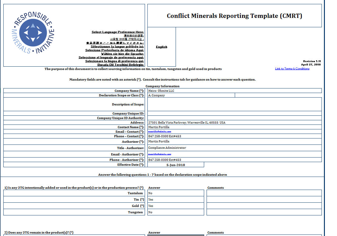 Ohmite – Conflict Minerals Reporting Template (Cmrt) – Rell For Conflict Minerals Reporting Template