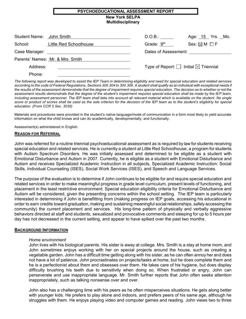 Page Of – Ventura County Selpa Intended For Psychoeducational Report Template