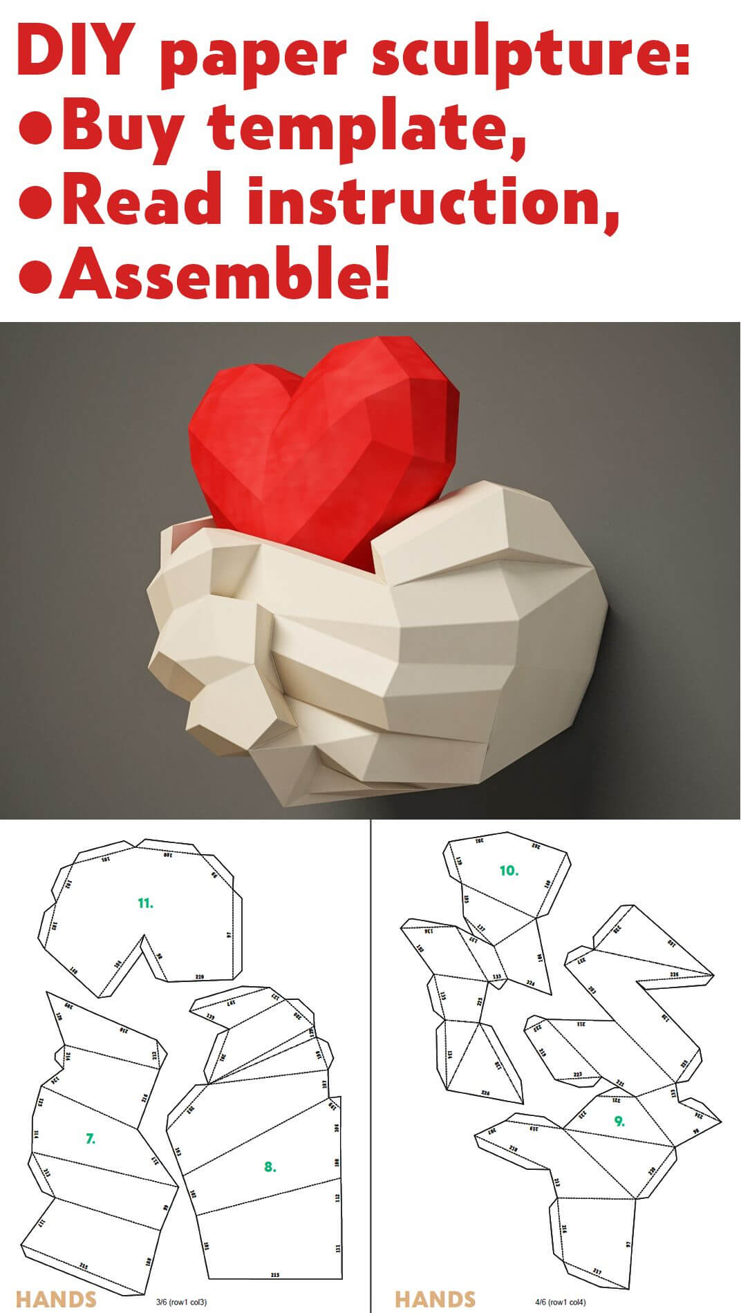 Paper Craft Hands With Heart, Papercraft 3D Wall Decor, Diy Throughout 3D Heart Pop Up Card Template Pdf