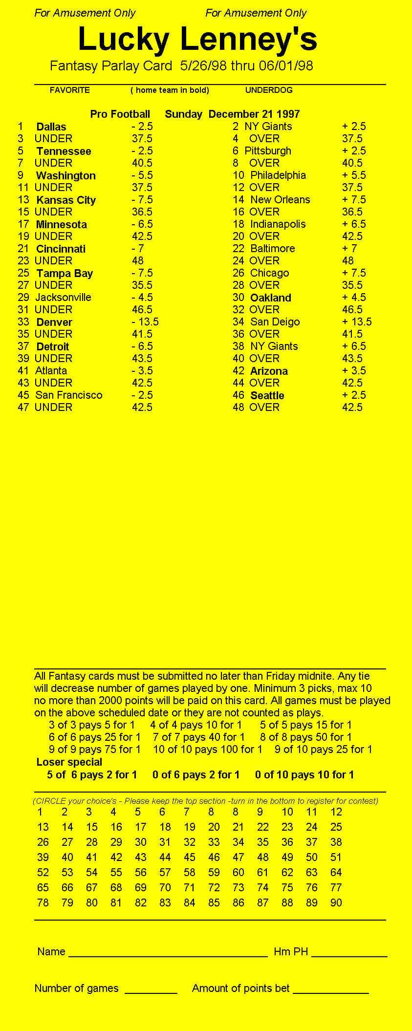 Parlay Card Designer - Sample Printout Inside Football Betting Card Template