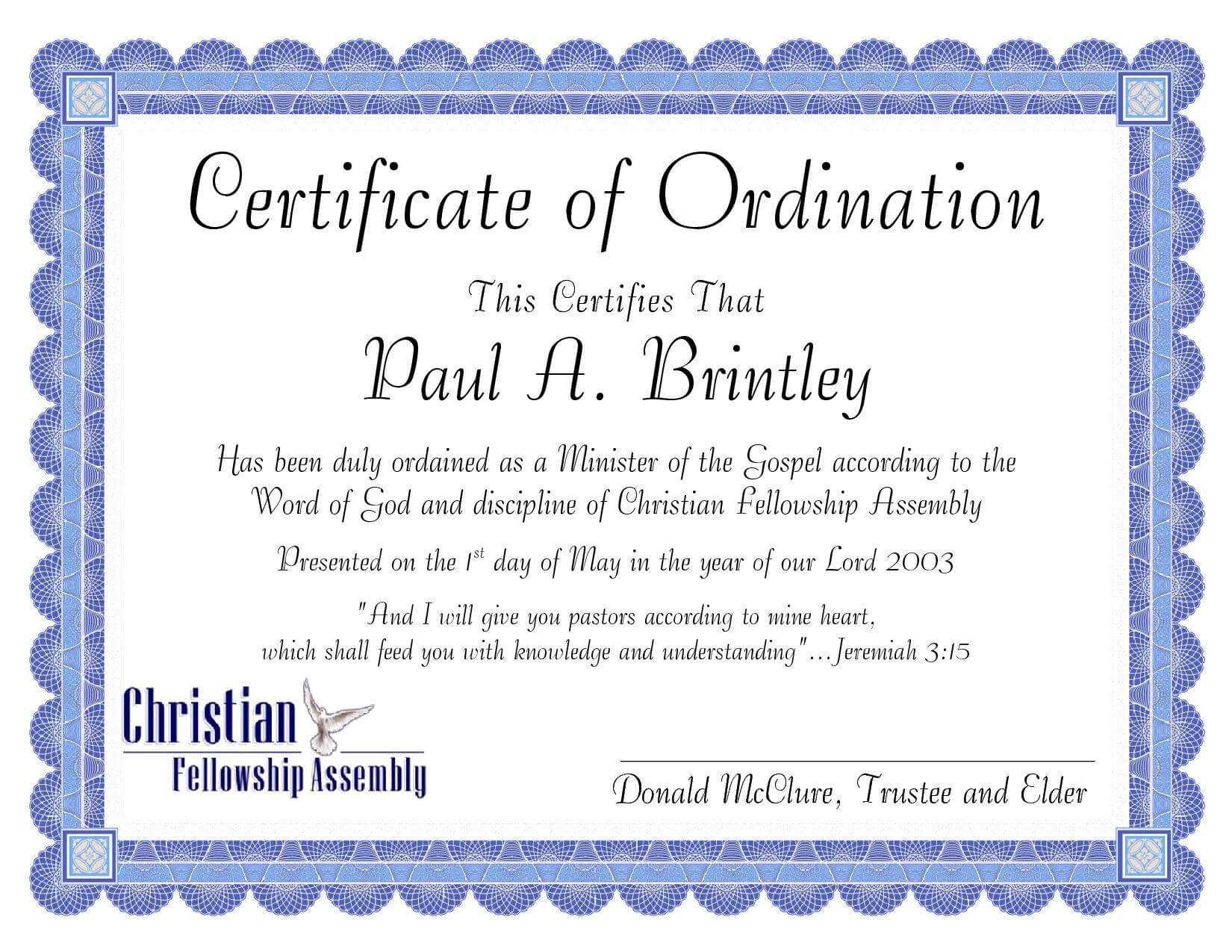 Pastoral Ordination Certificatepatricia Clay - Issuu Intended For Certificate Of Ordination Template