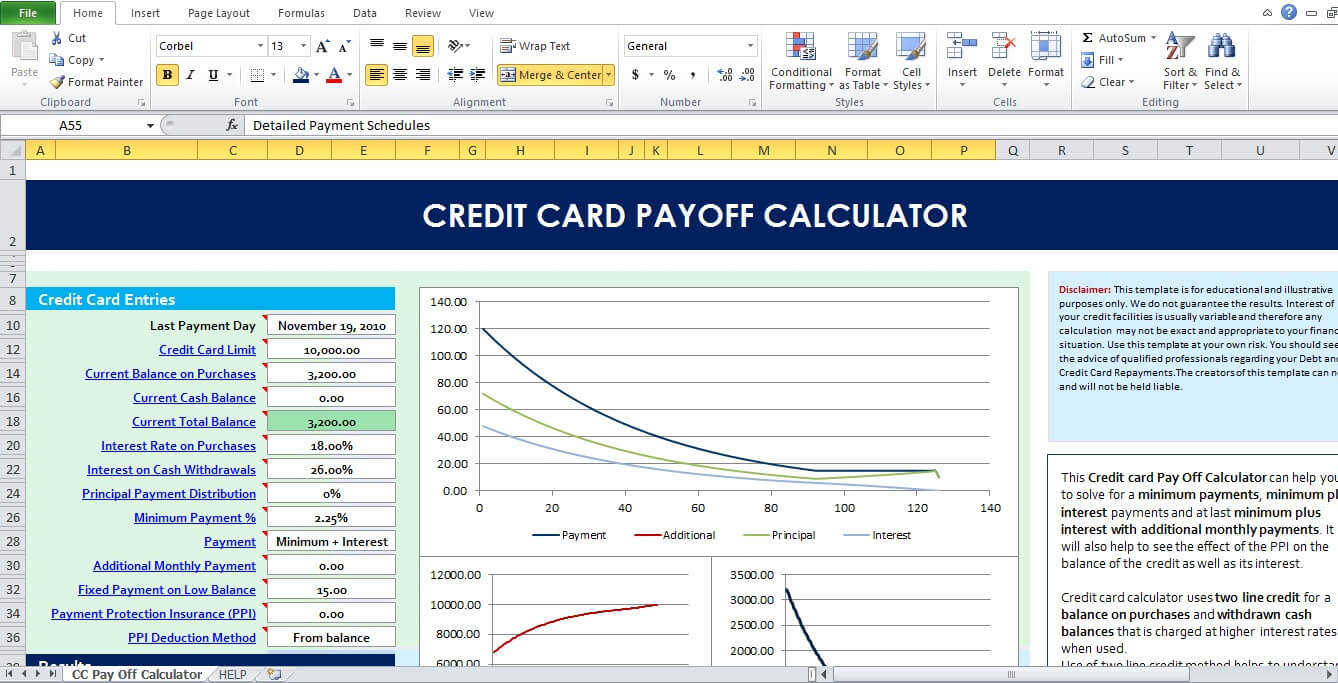 Pay Down Credit Card Calculator – Ironi.celikdemirsan Regarding Credit Card Interest Calculator Excel Template