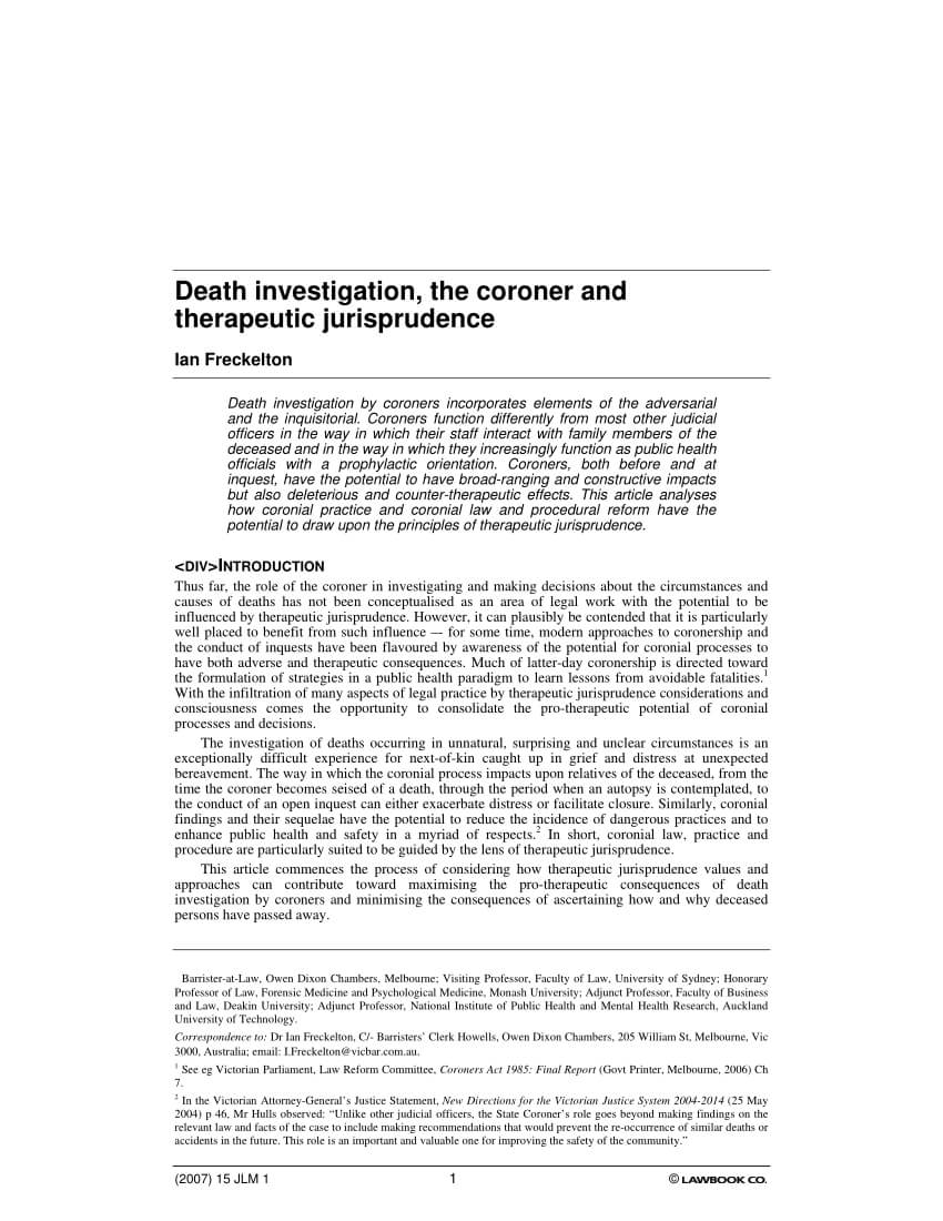 Pdf) Death Investigation, The Coroner And Therapeutic Inside Coroner's Report Template