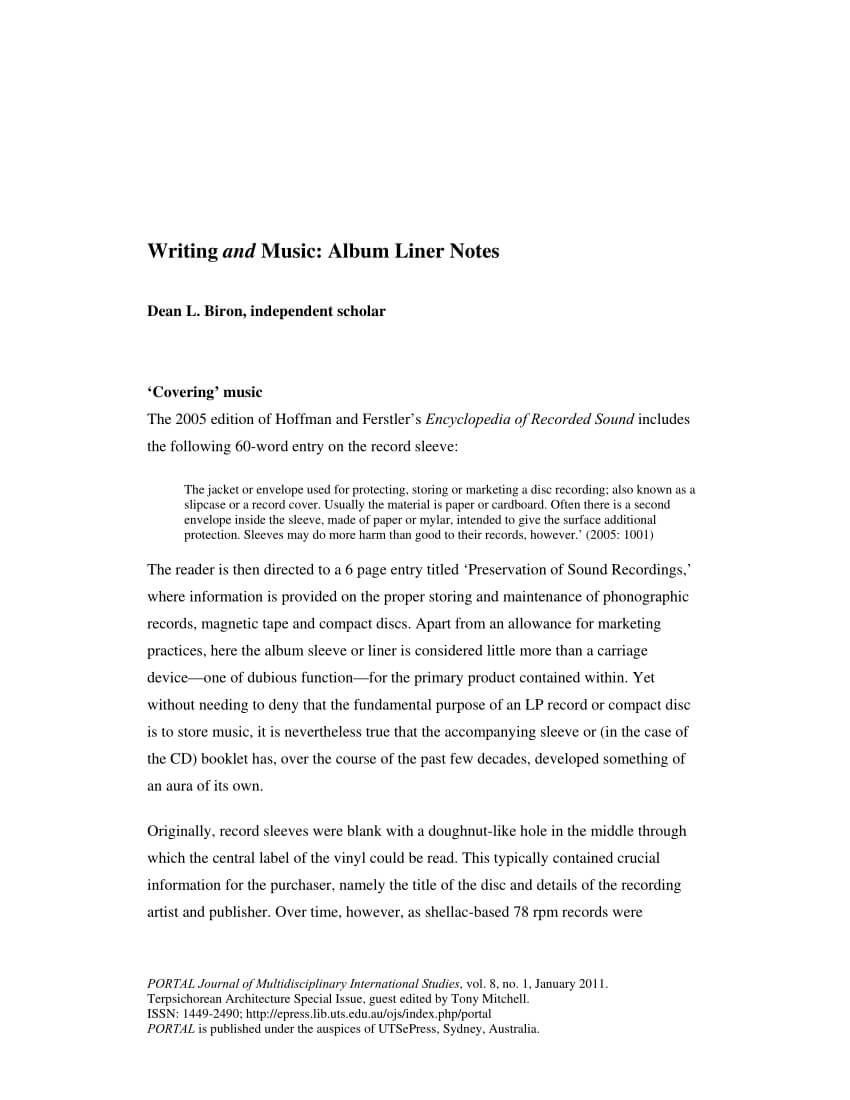 Pdf) Writing And Music: Album Liner Notes Pertaining To Cd Liner Notes Template Word