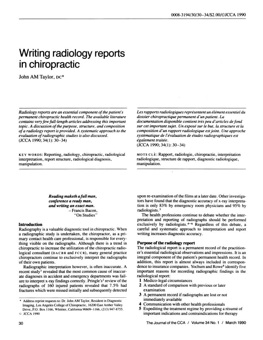 Pdf) Writing Radiology Reports In Chiropractic Pertaining To Chiropractic X Ray Report Template
