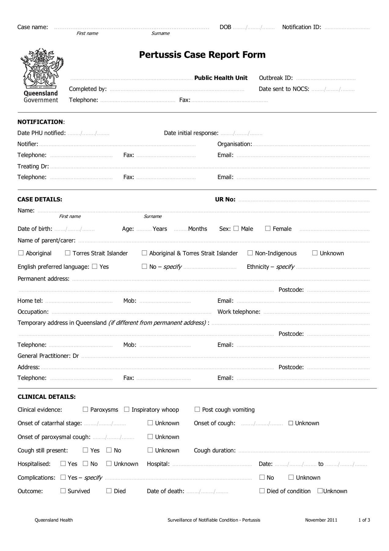 Pertussis Case Report Form – Queensland Health For Case Report Form Template