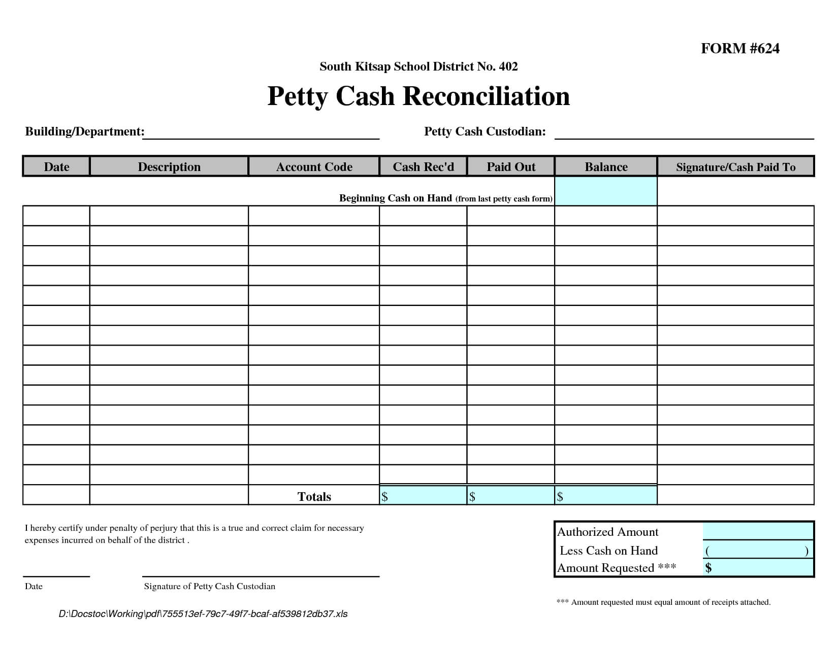Petty Cash Reconciliation Form Template | Templates For Petty Cash Expense Report Template