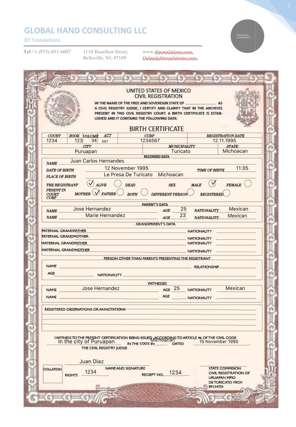 Pin On Translation Services At Dttranslations With Regard To Mexican Birth Certificate Translation Template