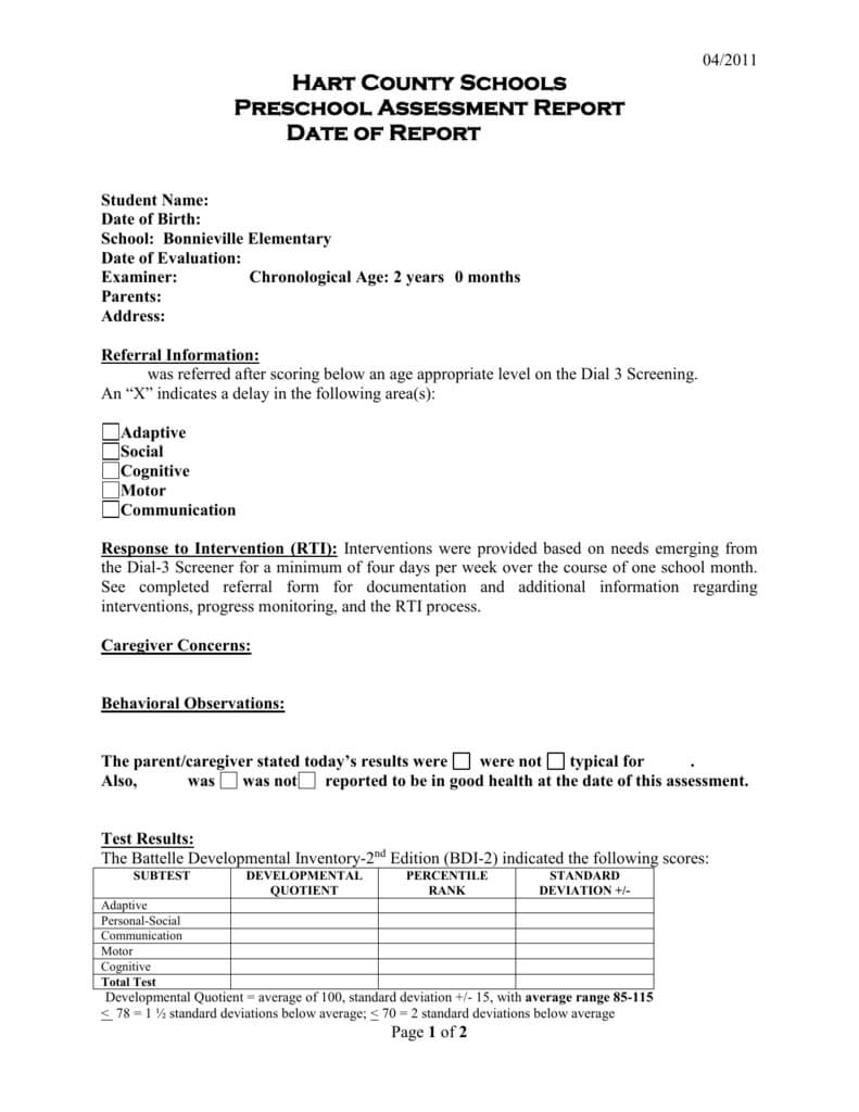 Preschool Evaluation Report Template With Regard To Deviation Report Template
