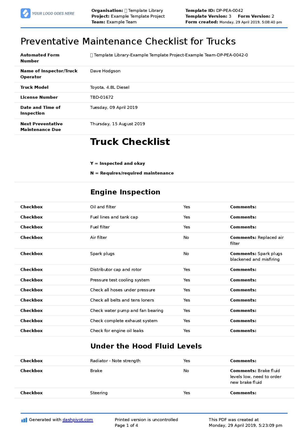 Preventative Maintenance Checklist For Trucks (Diesel Trucks Pertaining To Computer Maintenance Report Template