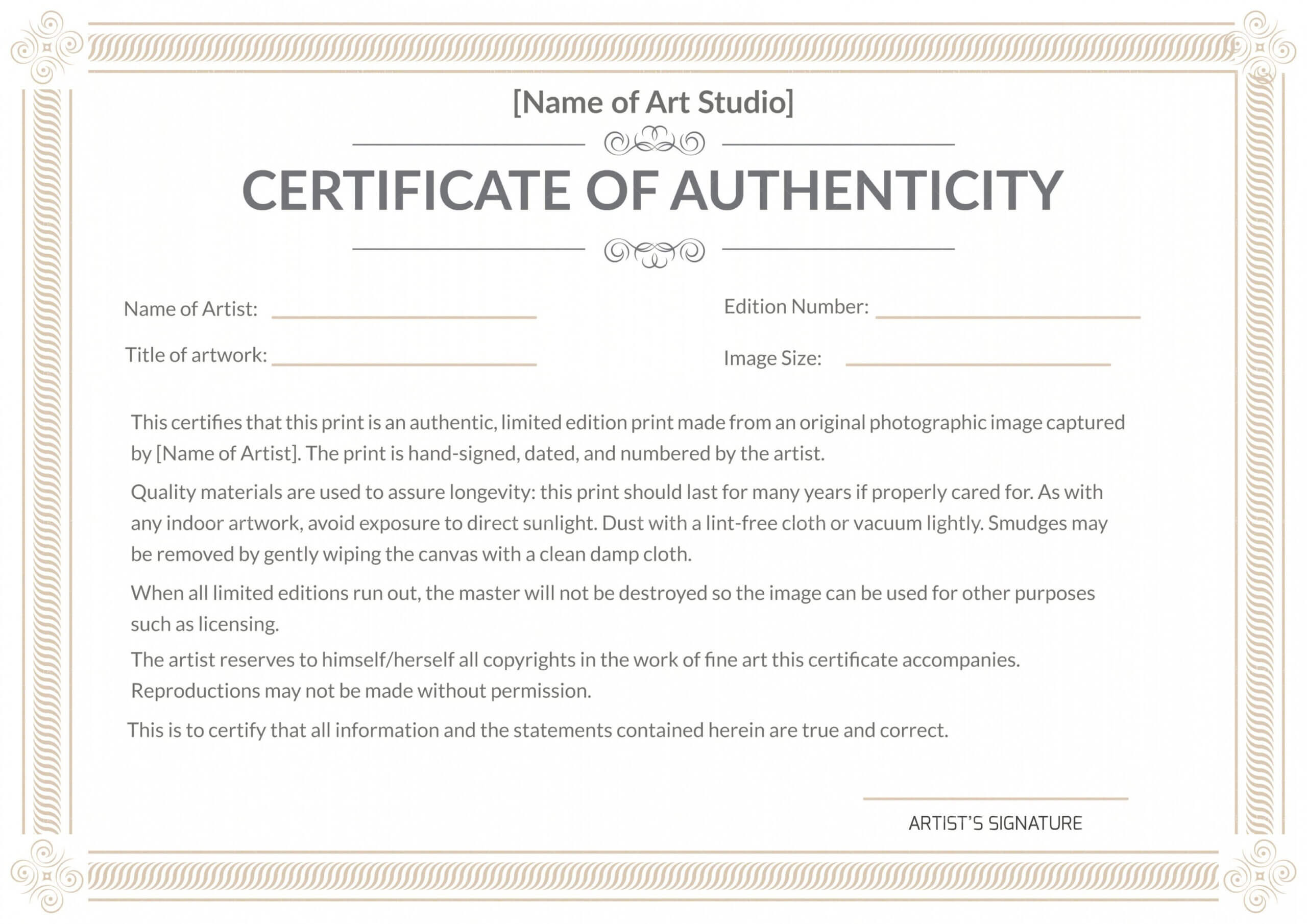 Printable Art Certificate Of Authenticity Template 12 In Certificate Of Authenticity Template