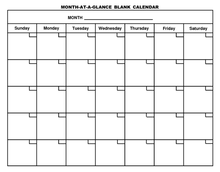 Blank One Month Calendar Template Professional Template Examples