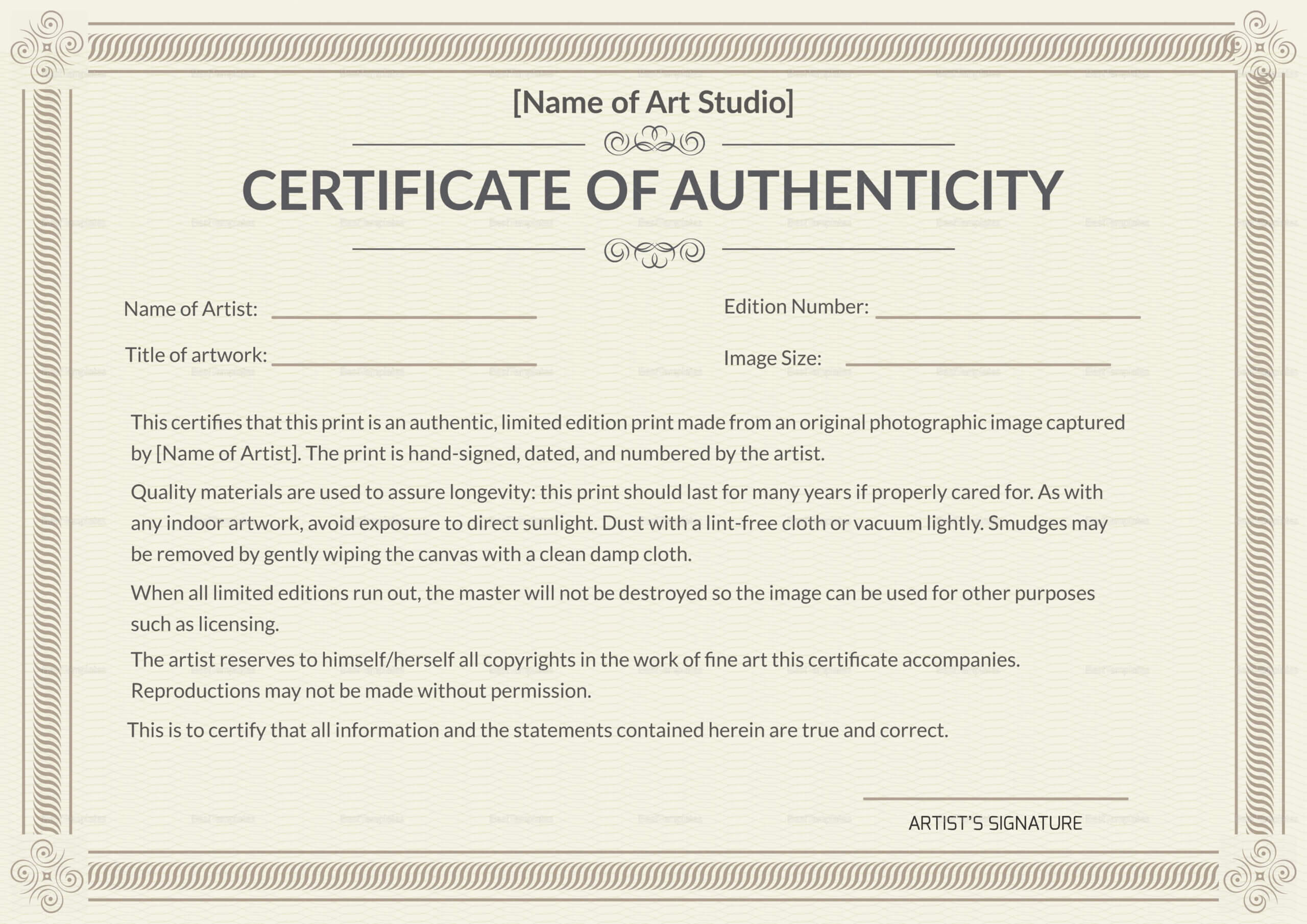 Printable Certificate Of Authenticity That Are Gorgeous With Regard To Certificate Of Authenticity Photography Template