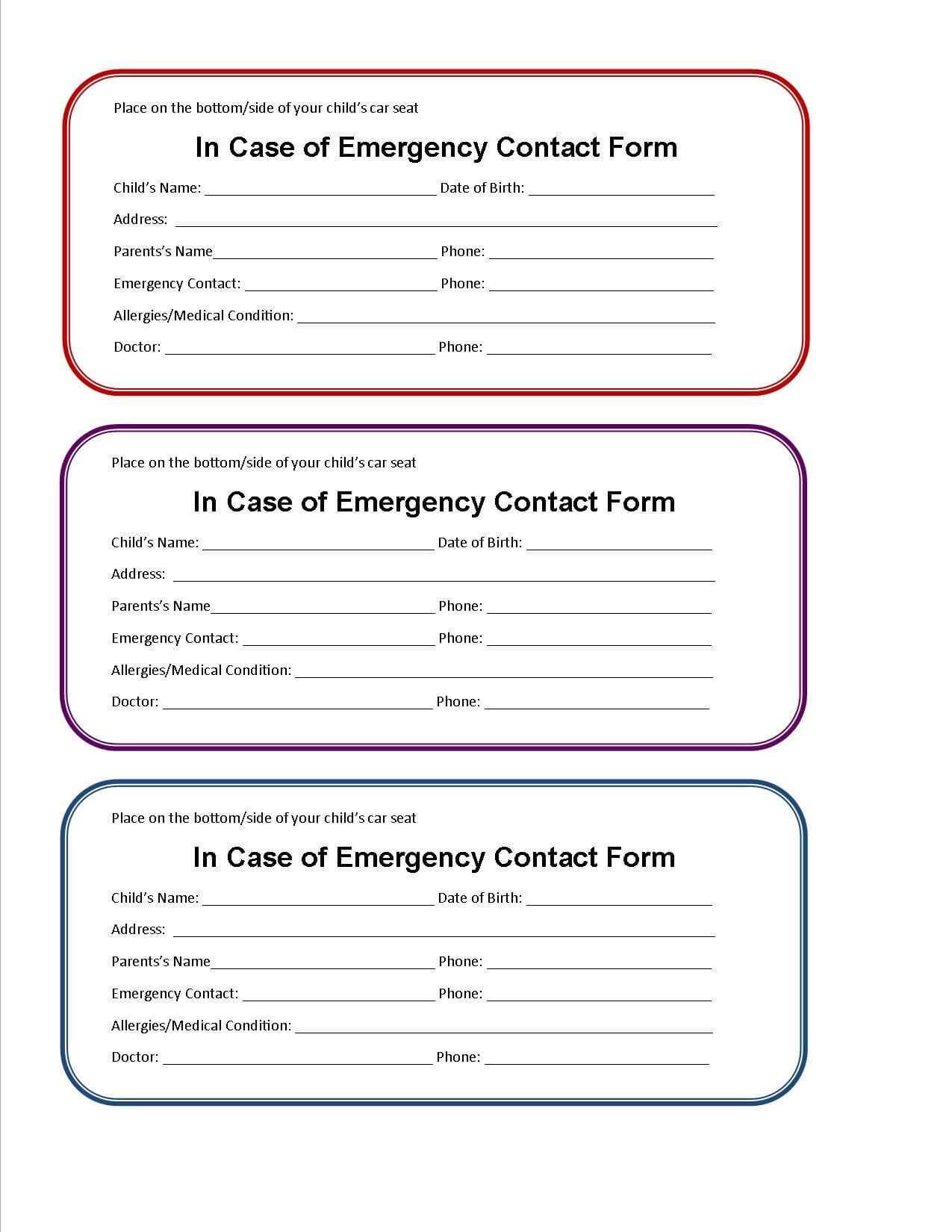 Printable Emergency Contact Form For Car Seat | Emergency Inside Emergency Contact Card Template