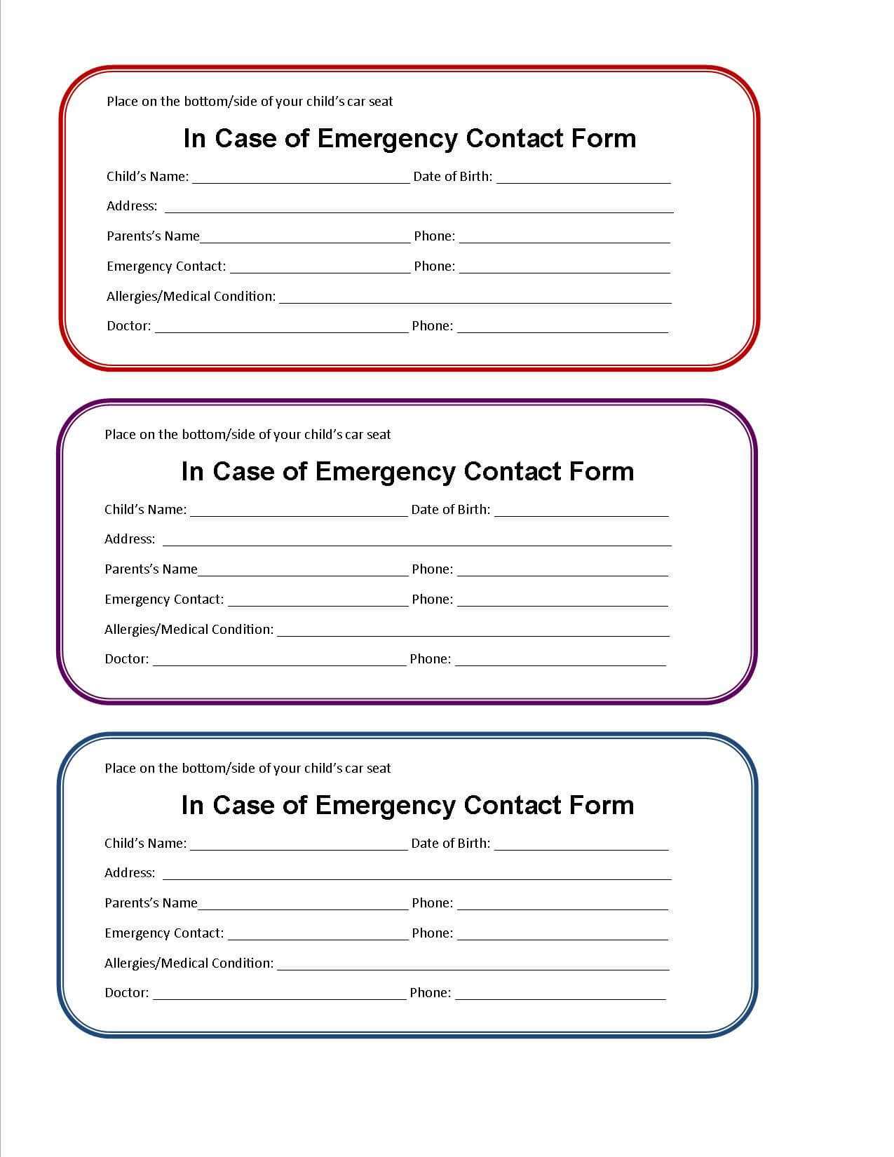 Printable Emergency Contact Form For Car Seat | Emergency Within In Case Of Emergency Card Template