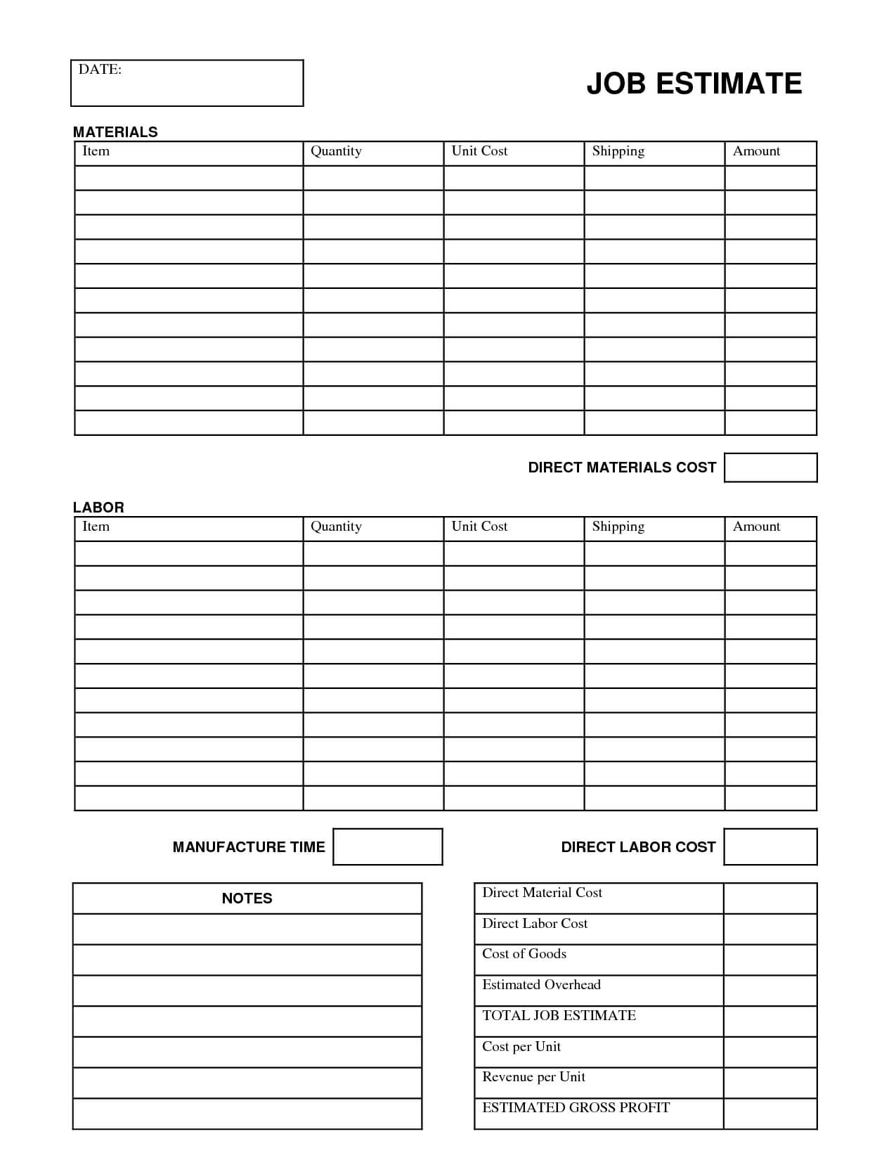 Printable Job Estimate Forms | Job Estimate Free Office Form Pertaining To Blank Estimate Form Template