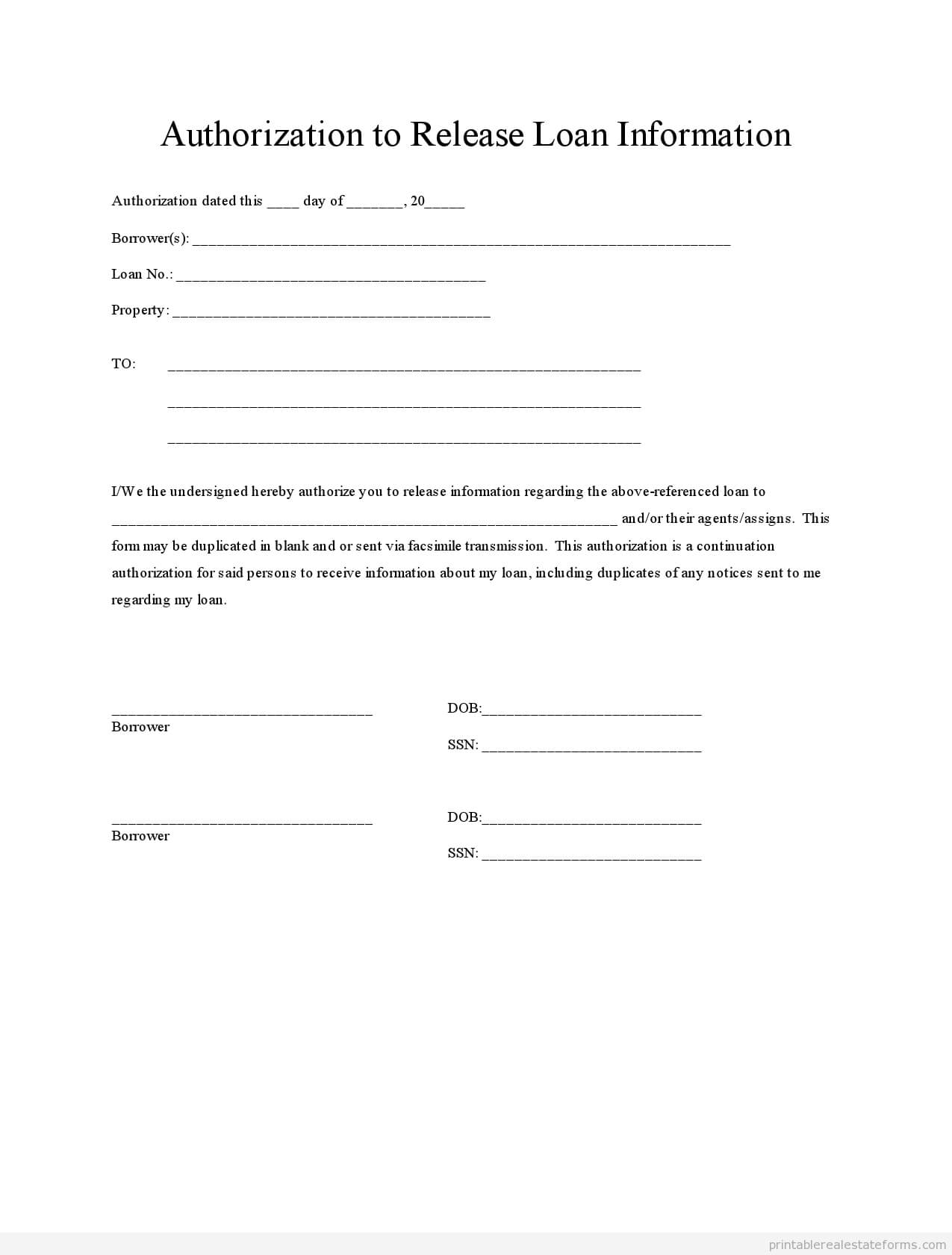 Printable Loan Authorization 2 Template 2015 | Real Estate Within Blank Legal Document Template