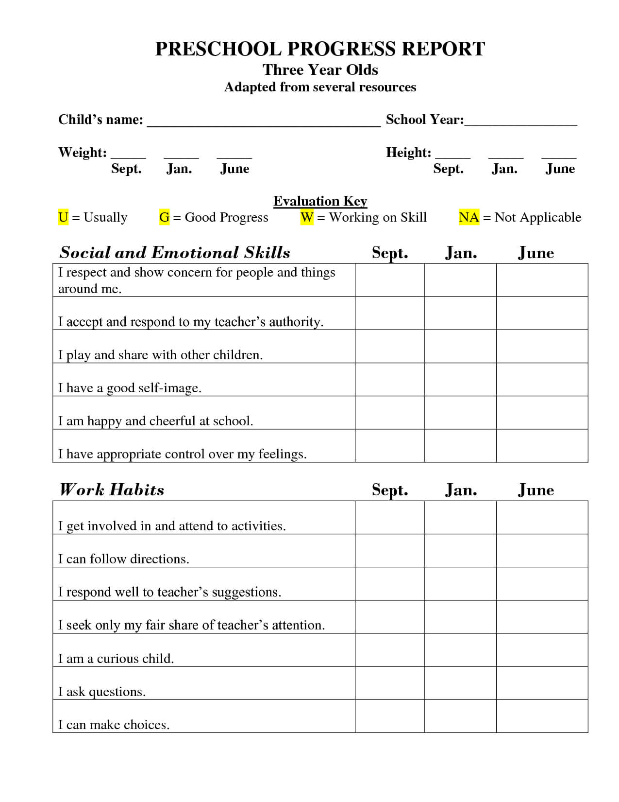 Printable Preschool Progress Report Template | School Report Throughout Preschool Progress Report Template