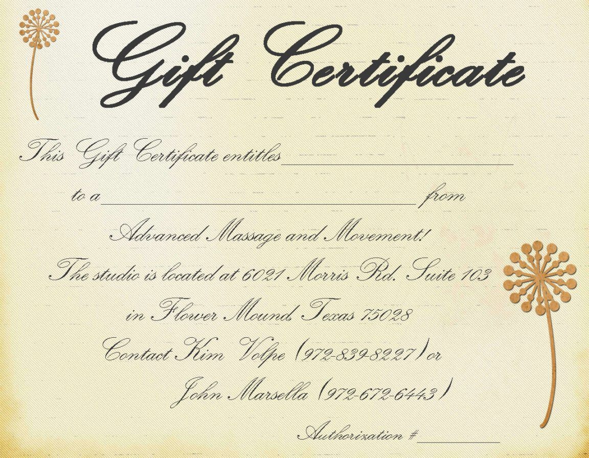 Printable Printable Massage Gift Certificate Template Within Massage Gift Certificate Template Free Printable
