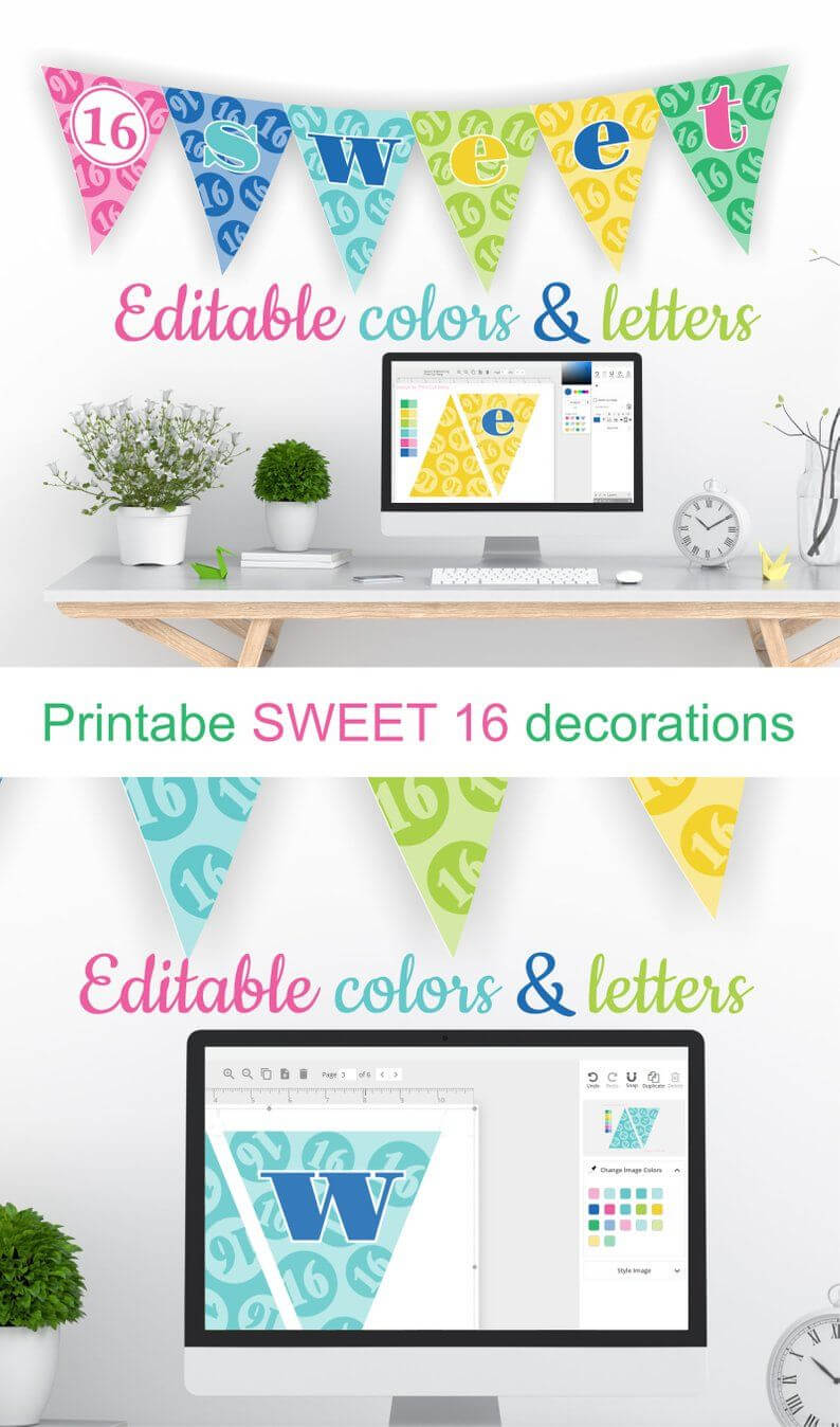 Printable Sweet 16 Decorations - Editable Banner - Customize Inside Sweet 16 Banner Template