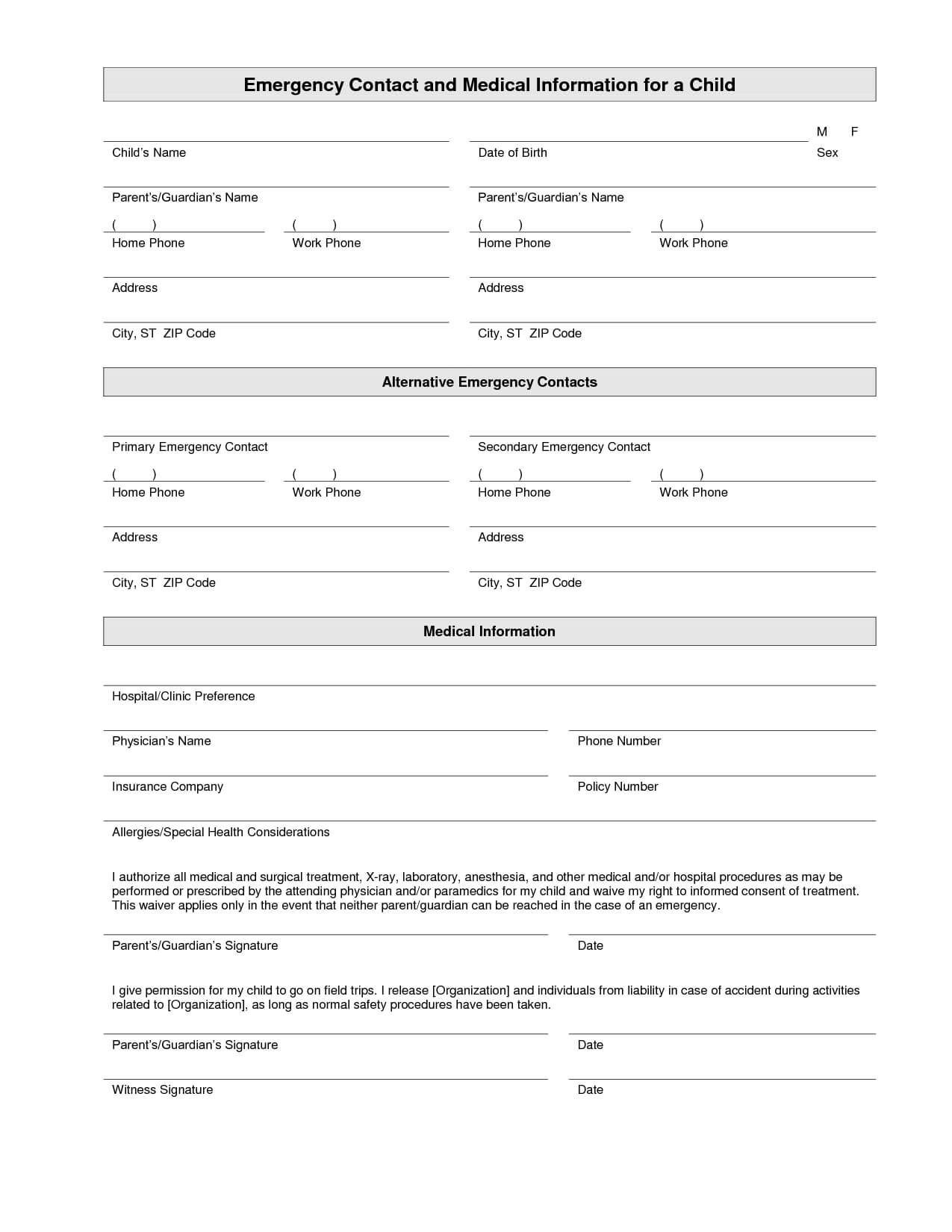 Printable+Emergency+Contact+Form+Template | Emergency Inside Student Information Card Template