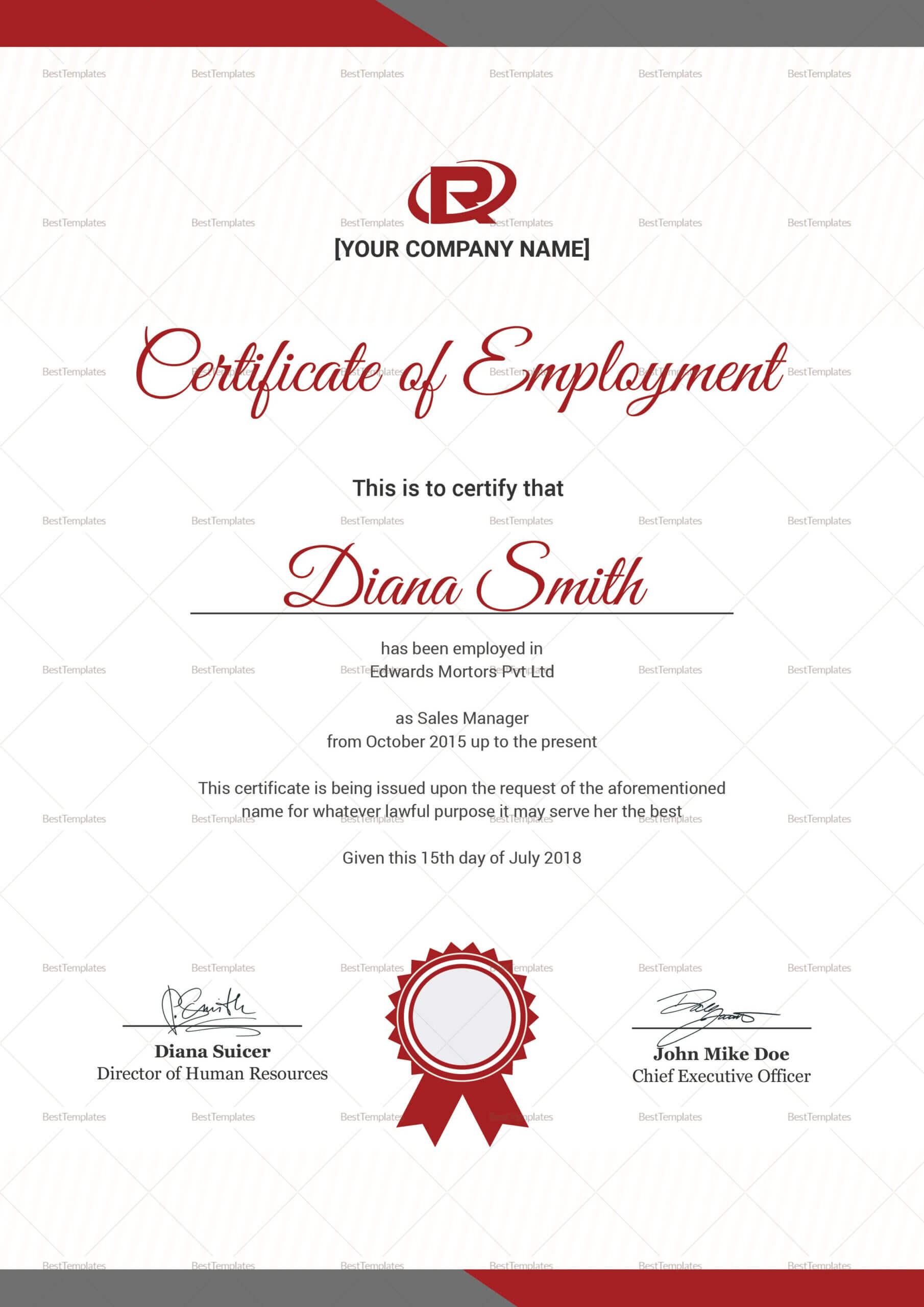 Productive Employment Certificate Template | Certificate Regarding Sales Certificate Template