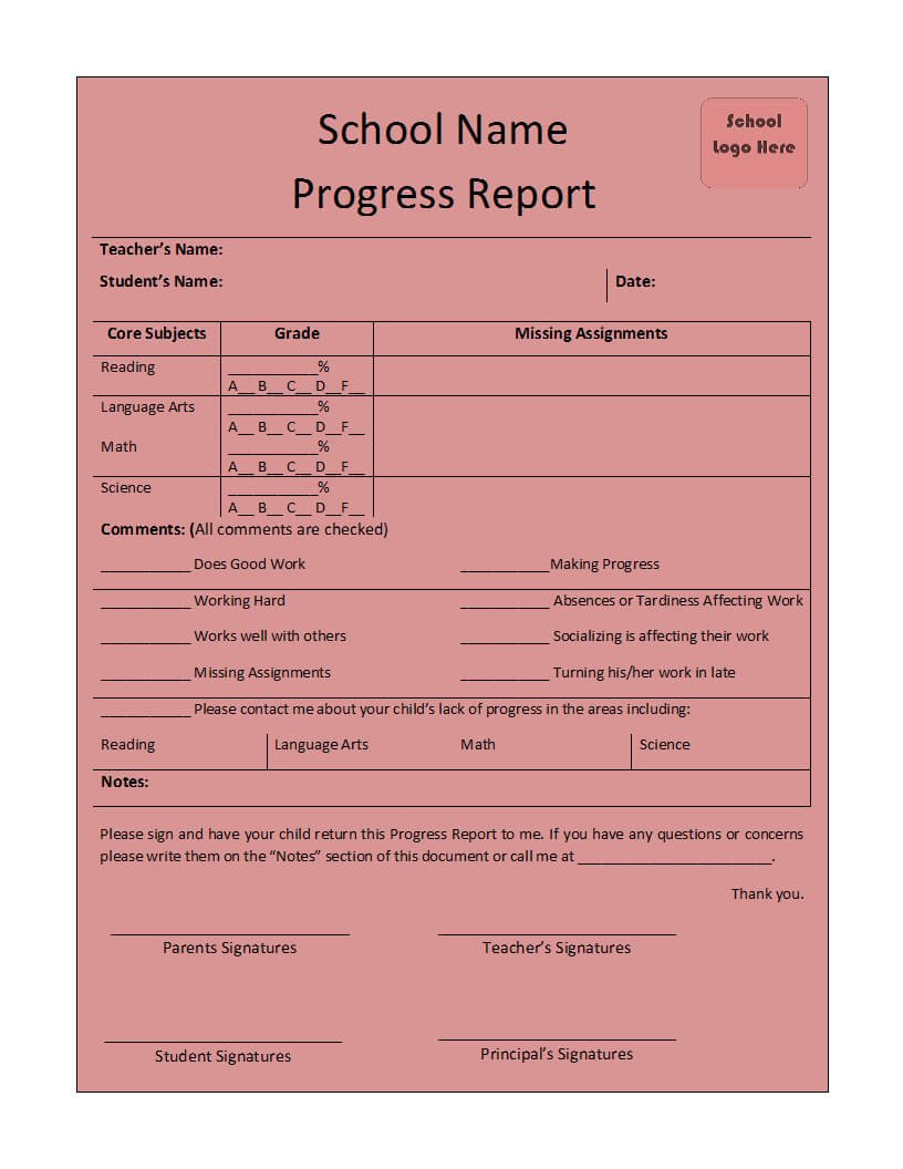 Progress Report Template Intended For School Progress Report Template