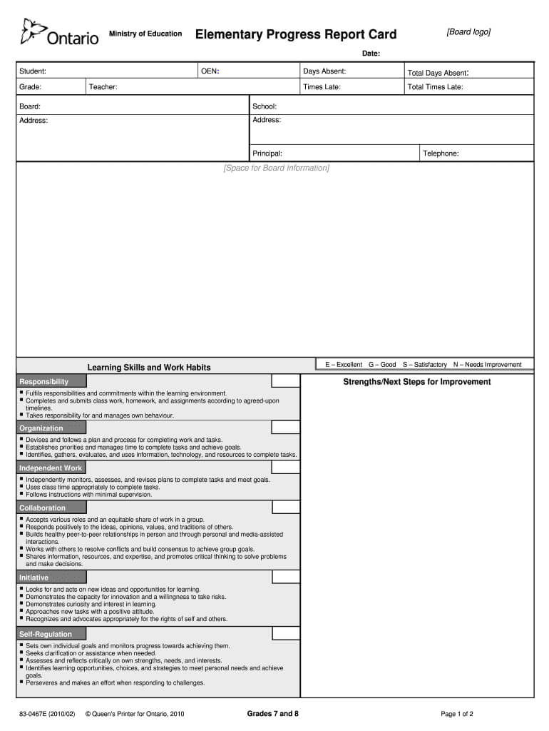 Progress Reports Ontario – Fill Online, Printable, Fillable Within School Progress Report Template
