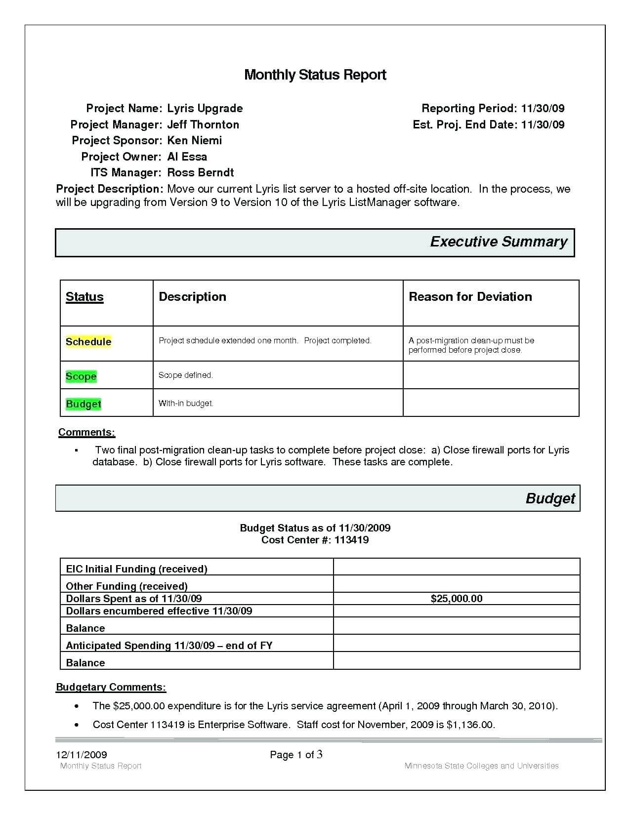 Project Management Status Report Template Excel Monthly Throughout Monthly Status Report Template Project Management