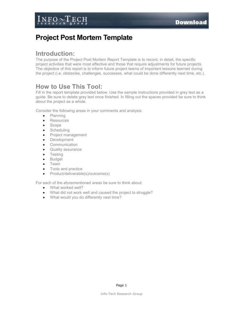 Project Post Mortem Template For Post Project Report Template